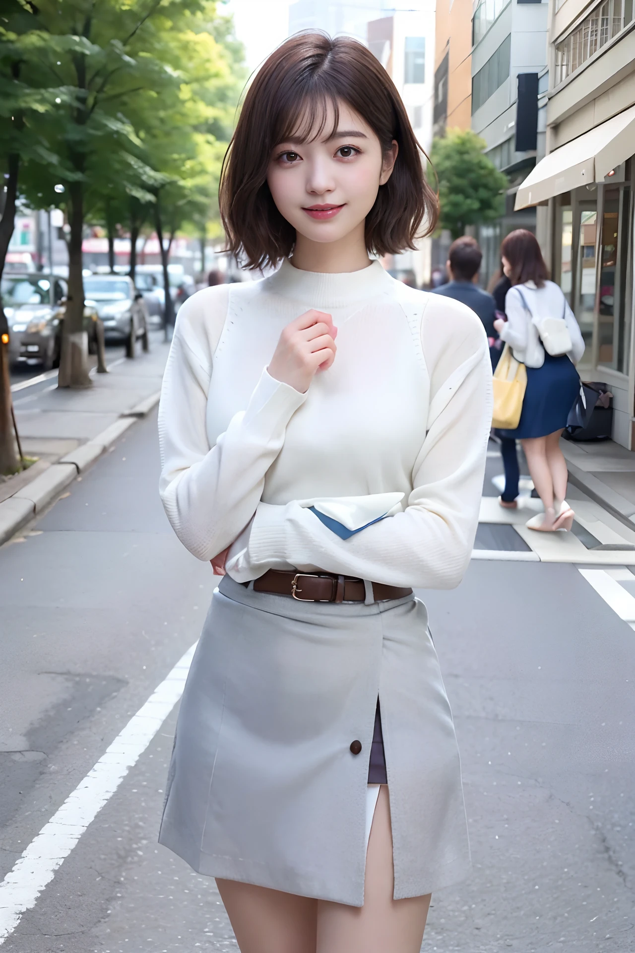 (skin blemish:1.2), (skin indentation), dark circles, 1womanl, 25 age old, (((woman))), Solo, Realistic, Best quality, Photorealistic, Mastery, 8K, A high resolution, Solo, Extremely detailed face, (Professional lighting,Bokeh),(light particules,lens flare glow,Luminous Particle:0.6),(dynamicposes:1.2),gentlesoftlighting,Top corner view,Trendy atmosphere,jpn,the street,城市,toyko,ports,((In the daytime)), Skysky, ((looking at viewert:1)), (looks into camera), Cowboy photos, opulent, standing on your feet, keep original facial proportion, Shave your shoulders, full bodyesbian, (Medium chest), (short detailed hair), A brown-haired, Fluttering, cparted lips, lipsticks, Seductive smile, Fluttering, ssmile, Open-mouthed, teeth, (Blue-gray skinny sweater), (White business miniskirt,Skirt that wraps hips,Ultra-short), eyeslashes, birthmark, (Moles under eyes: 1),Symmetrical slender white legs,White and tender lotus feet,without wearing shoes,Beautiful feet with meticulous details,Focus on the chest,fully body photo