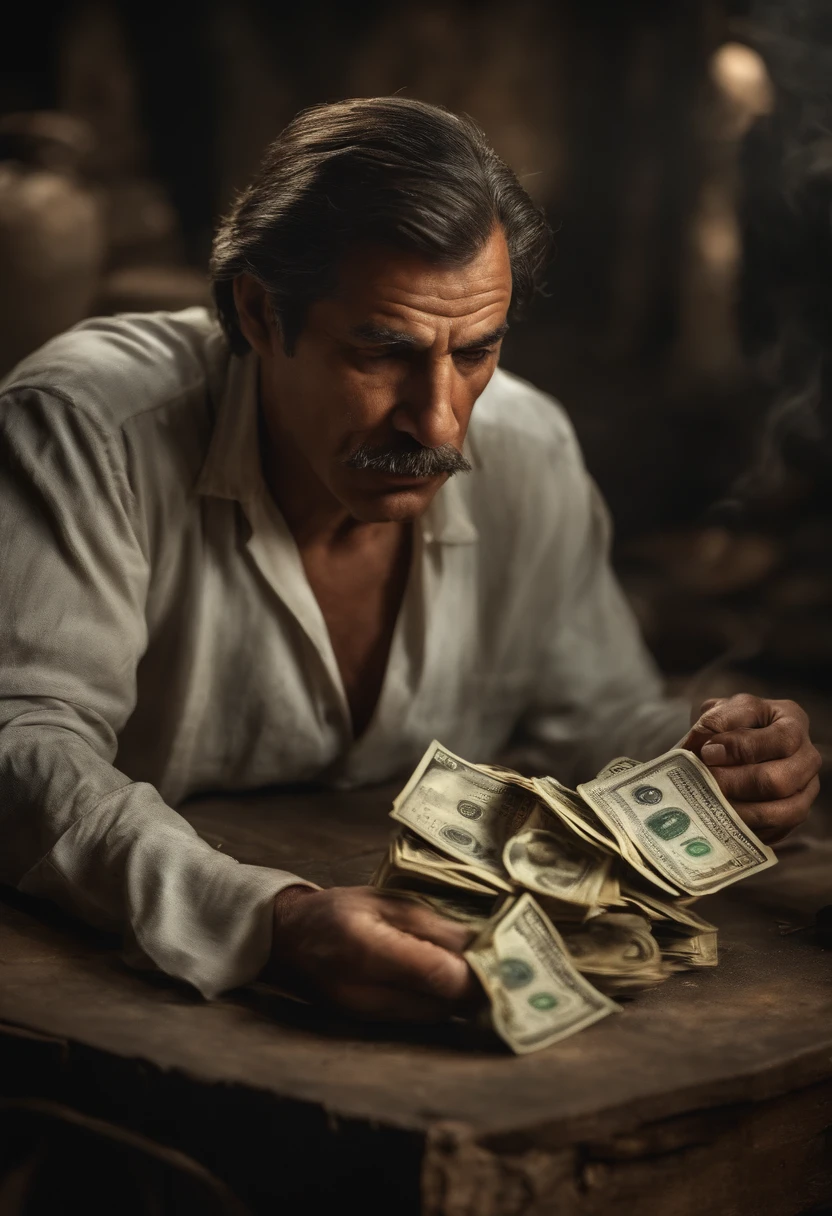 Homem lutando contra dinheiro, oil painting, Pinceladas duras, dramatic lighting, intense expression, Olhos determinados, segurar punhos, suor escorrendo pelo rosto, terno enrugado, Correntes quebradas, Crumbling dollar bills, Chart of the crumbling stock market, Smoke rises in the background, preto e branco com um toque de ouro, realismo. (best quality, alta resolução, ultra-detalhado), (Realistic:1.37), profissional, vivid colors.