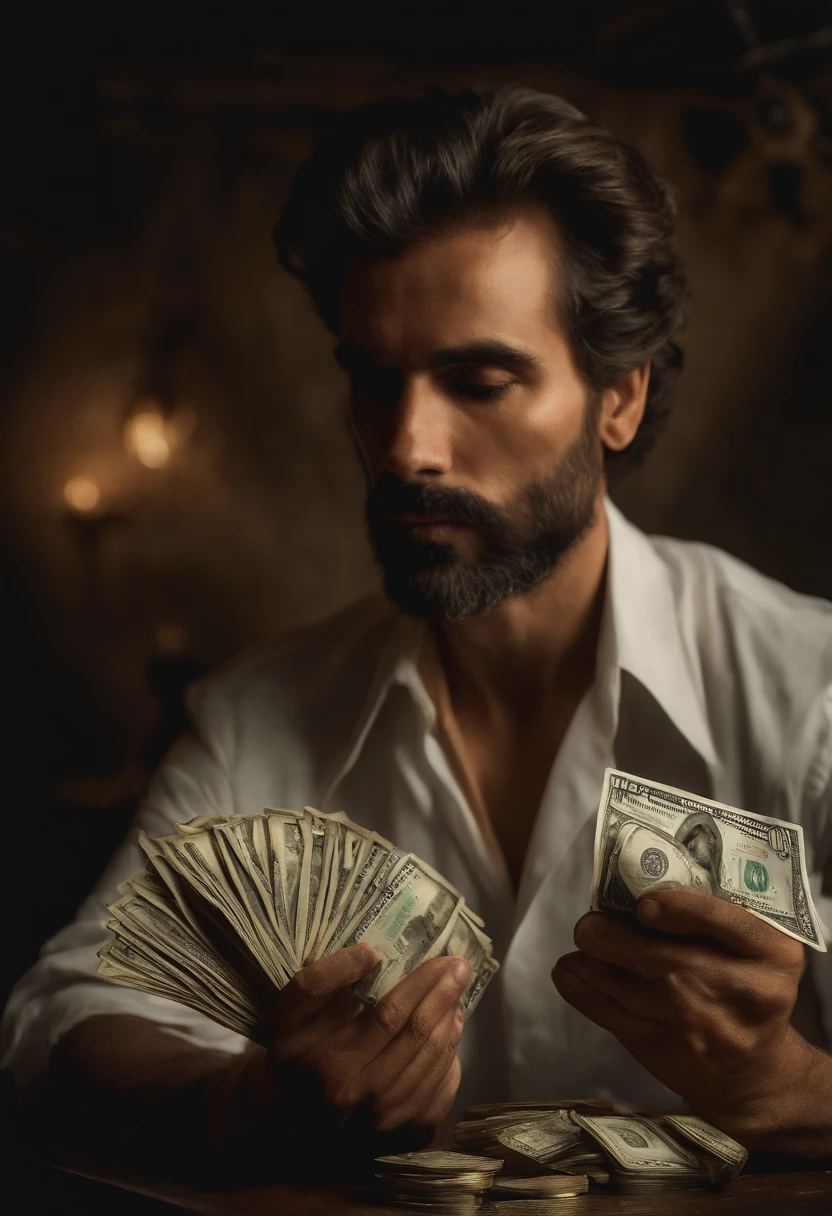 Homem lutando contra dinheiro, oil painting, Pinceladas duras, dramatic lighting, intense expression, Olhos determinados, segurar punhos, suor escorrendo pelo rosto, terno enrugado, Correntes quebradas, Crumbling dollar bills, Chart of the crumbling stock market, Smoke rises in the background, preto e branco com um toque de ouro, realismo. (best quality, alta resolução, ultra-detalhado), (Realistic:1.37), profissional, vivid colors.
