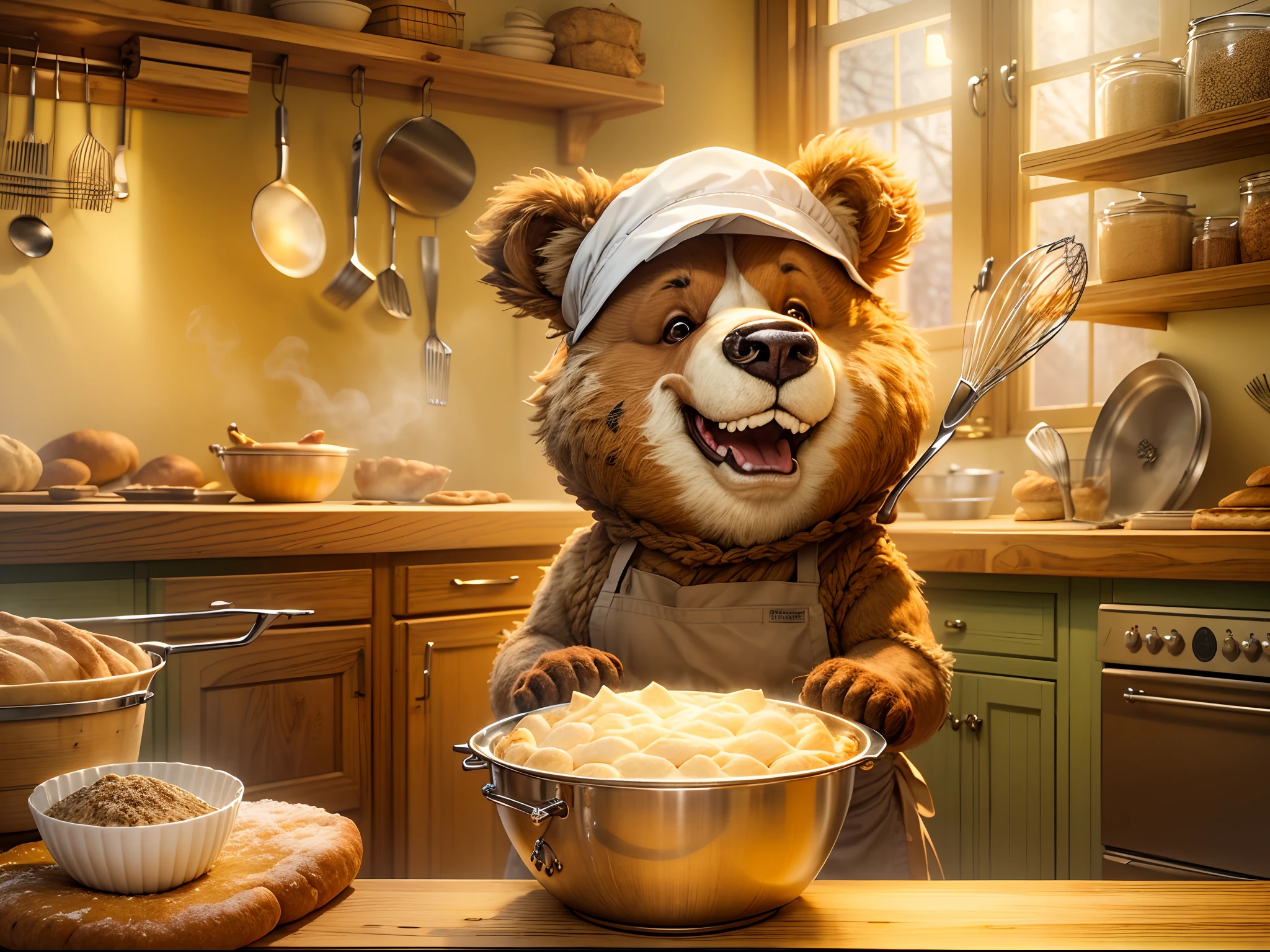 (best quality,highres,ultra-detailed), furry bear, chief costume, baking bread, oven, kitchen, rustic wooden countertops, rolling pin, flour, dough, recipe cards, apron, chef's hat, whisk, mixing bowl, aromatic aroma, golden crust, fluffy texture, mouth-watering, baking utensils, warm lighting, cozy atmosphere