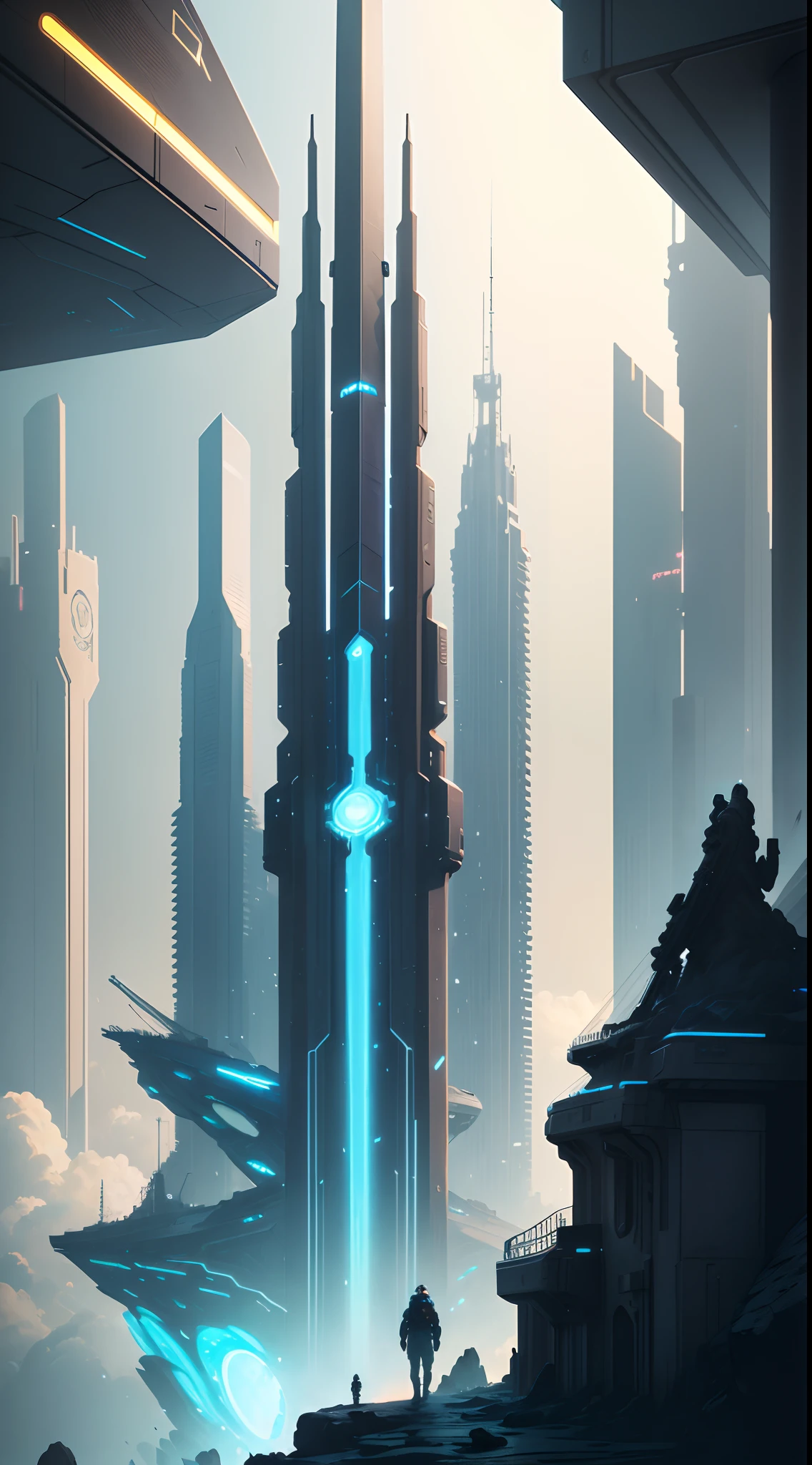 The future city，Greater Bay Area，HD real，Very detailed background by the sea，Sunset moment，The only huge sword-shaped skyscraper，Like a rocket，Curved roof，（From a distance, It looks like 1 ancient sword stuck in the sea），ultra - detailed，Very high definition，Heavy traffic，Prosperity remains，sci fi city，Cidade futuristica， fanciful， 24th century ，futuristic cyberpunk city, cyberpunk dreamscape, sci fi city，GlowingRunesAIV2_Light blue megacities，（非常详细的 CG 统一 8k 壁纸），The most beautiful photos of outer space artworks，scifi spacescape，planetes，full-figure，Full picture，Various luminous flying machines，Glowing spaceship，Intricate，High detail，
