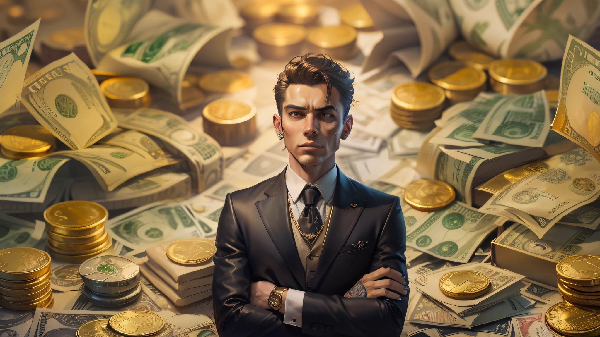 A detailed painting of an outsider in a suit, Surrounded by a barrage of dollar bills and gold bars, gold coins,