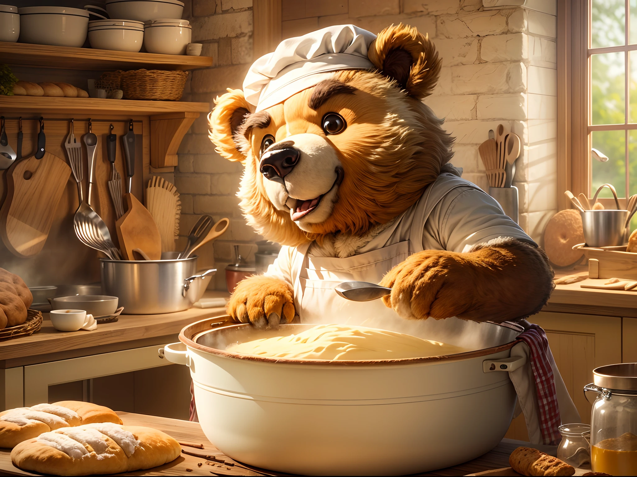 (best quality,highres,ultra-detailed), furry bear, chief costume, baking bread, oven, kitchen, rustic wooden countertops, rolling pin, flour, dough, recipe cards, apron, chef's hat, mixing bowl, aromatic aroma, golden crust, fluffy texture, mouth-watering, baking utensils, warm lighting, cozy atmosphere