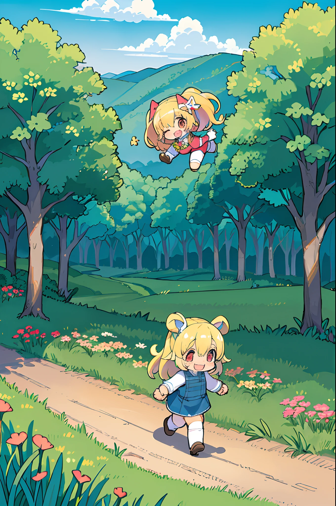 eyesight, (Three Lolitas: 2) Stable diffusion is the best image quality, morning sunlight, Spring landscape, Dew and flowers, flying hair, Living in a fairytale dreamland with mushrooms, trip, Running, and laughing. forest pathway,huge-breasted、bbw,Large Thigh
