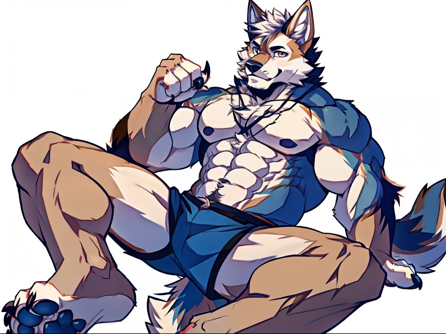 Human-wolf,musculature,Hairy all over,clawed paws,erect through