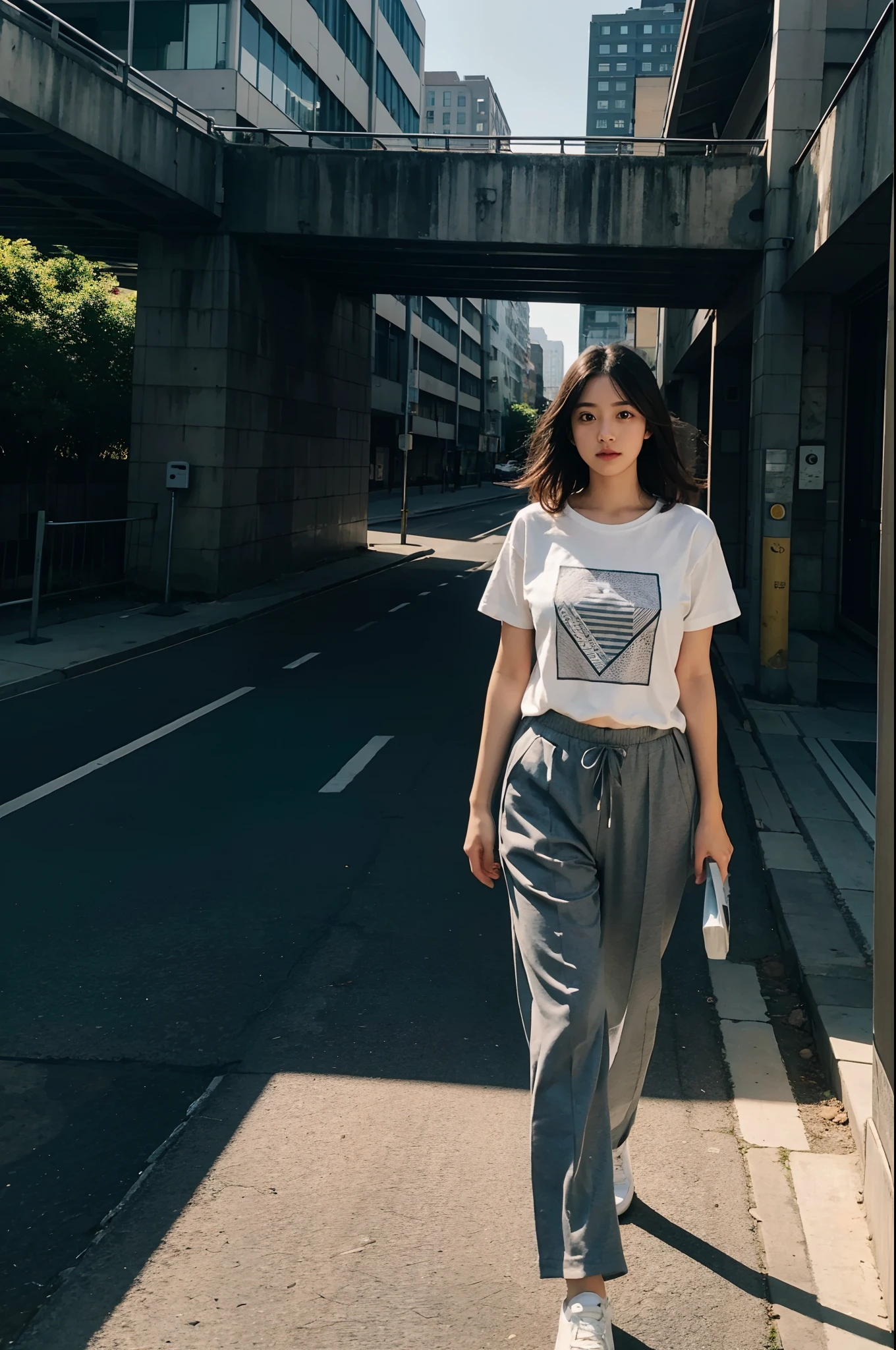 A daughter,Evening light,Bridgeside,Taking a walk,Gray slacks,Geometric pattern t-shirt,Natural expression,4k画质,masutepiece、Wearing UNIQLO