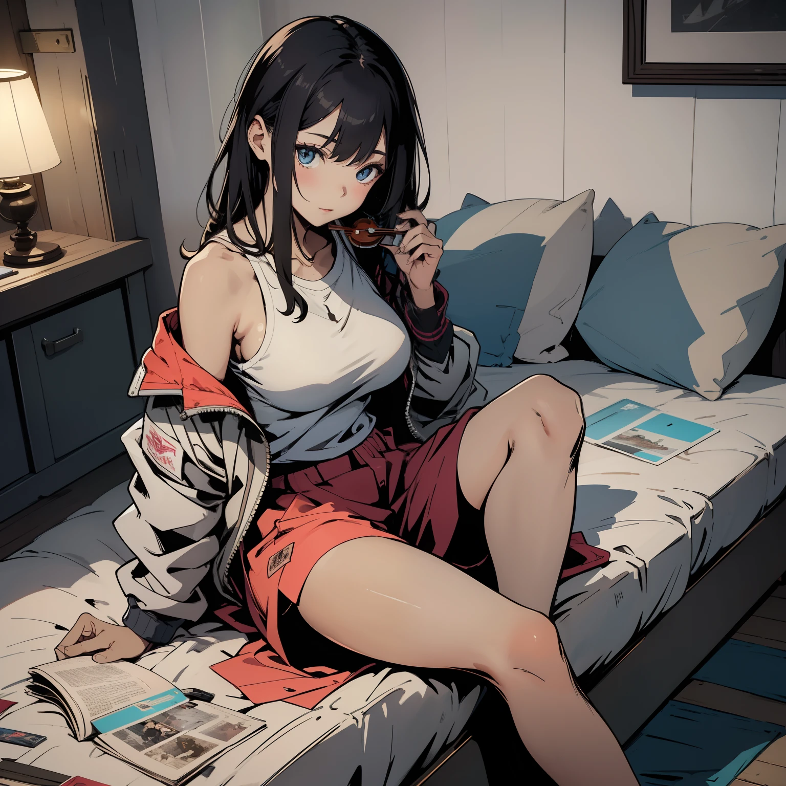 Masterpiece, high Quality, girl, exposed skin in a sexy way, big clothes, baggy clothes, comfortable clothes, indoors, night, distractedly fiddling with something,