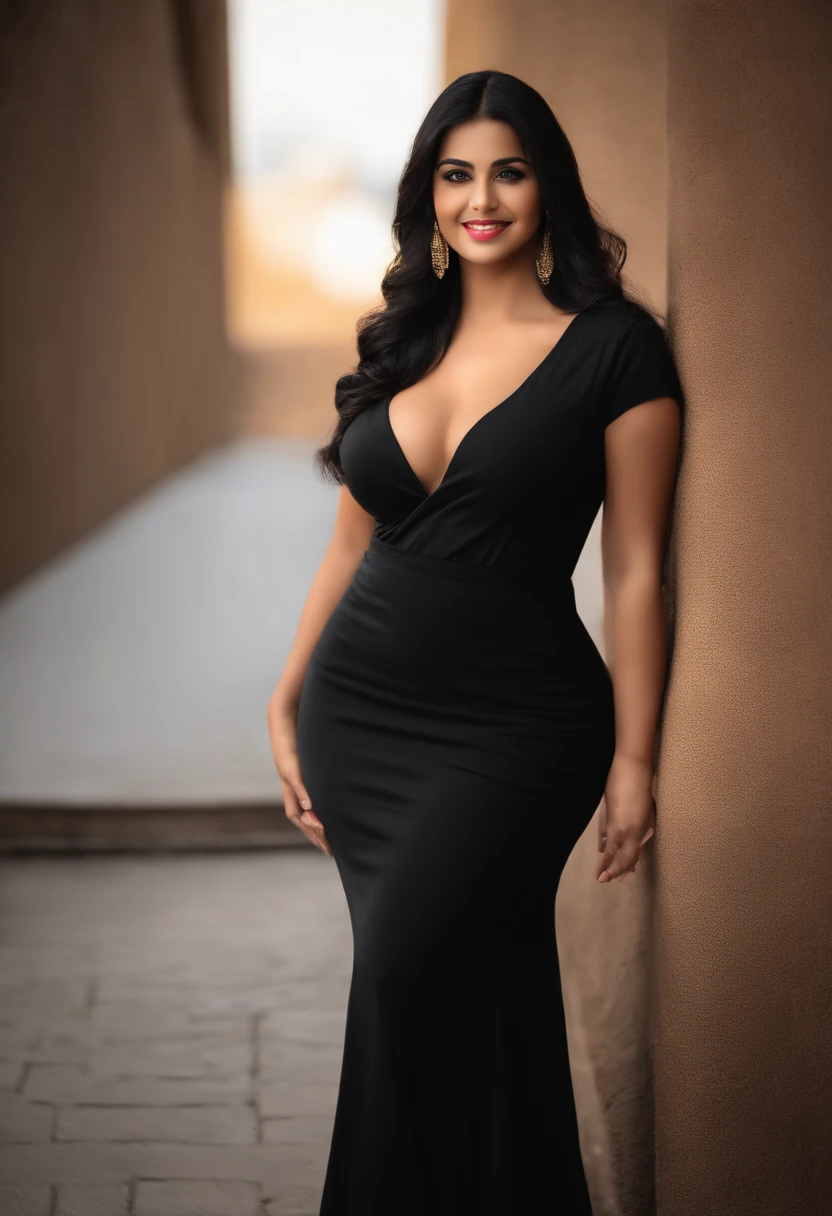 professional, (4k photo:1.1) by (south indian 30 years old curvy women), (Sharp focus:1.3), high detail, wearing lowcut black gown, mini black gown, deep lowneck, beautiful detailed face, hazel eyes, long black hair, (attractive young woman:1.3), (seductive:1.1), (blushing:1.1), thick body shape, large round big breasts, wide thicc hips, tight outfit, tight attire, smiling seductively, pretty face, perfect black haired girl, satisfied pose, cute seductive smile, beautiful blonde girl, good young girl, beautiful angle, attractive pose, cute girl, sexy pose, full body picture, full body, wearing black mini gown and boots, don't blur backgroud, short height,