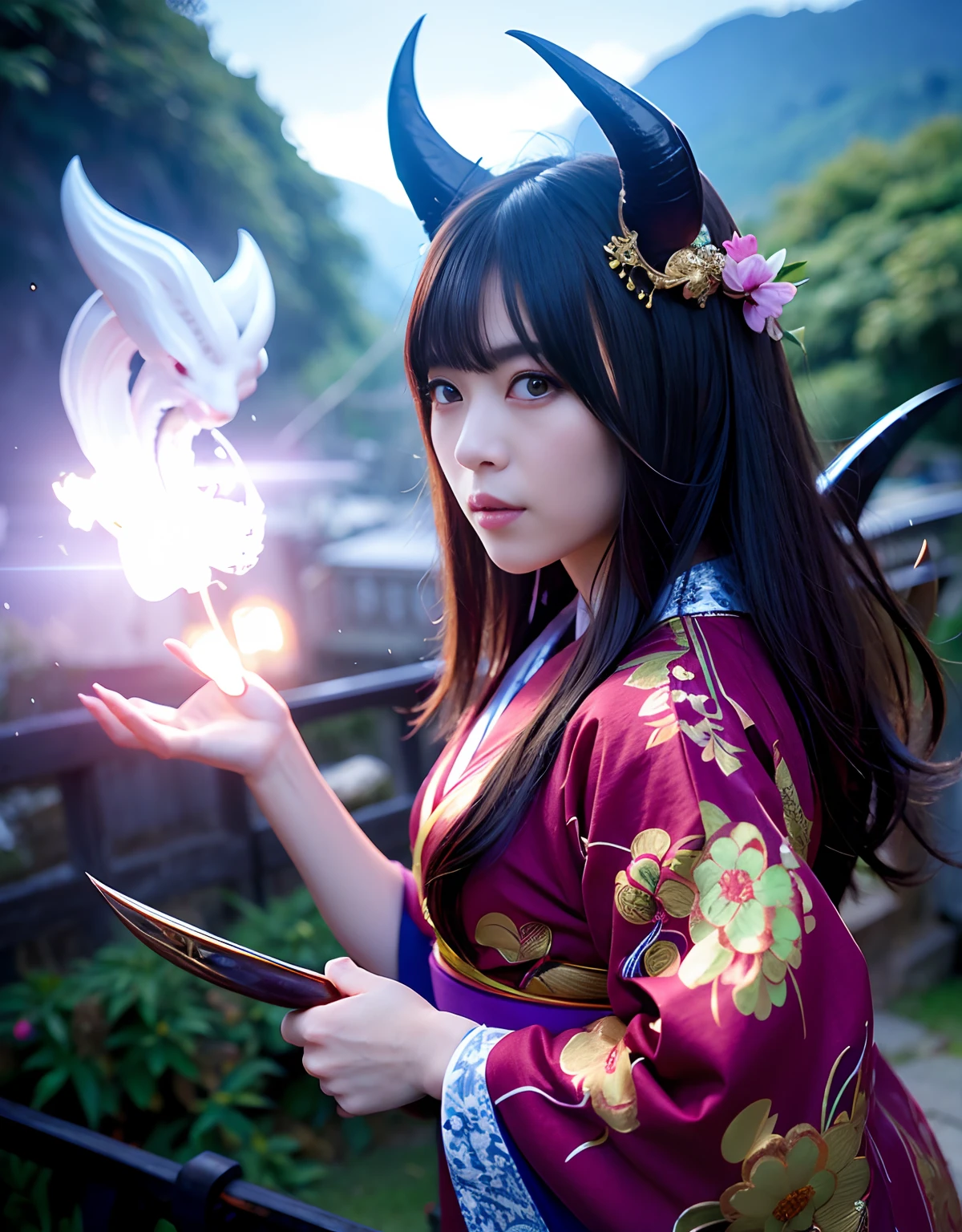 ((World of Darkness)),Professional , masterpiece、top-quality、photos realistic , depth of fields 、(sexypose)、(Background of cherry blossoms in full bloom),(Ultimate Beauty)、A dark-haired、(Fight ninjas)、(Kimono with beautiful pattern)、(Night background)、((a dark night)),(Wear a beautiful kimono),(Wear a beautiful kimono with colorful floral patterns)、Jewel Gold Weapon、Particles of light),(Has a devil's mask)、Gorgeous gold weapons ,(( Gorgeous Dragon Sword)) , (a dark night),,(maikurobikini) 、((Black Haired Beautiful Girl))、(Castle background)、(demonic wings)、((Gangle's forest background))、Beautiful Caucasian beauty、1a person、dynamic ungle,(((Two devil's horns on the head)))、Smaller head、Idle Smile、Thin and beautiful female hands、Mystical expression、Light Effects、intense fighting、Wind-effect、magic circles、With the legendary magic wand、Dragon's tail、Anatomically correct body、