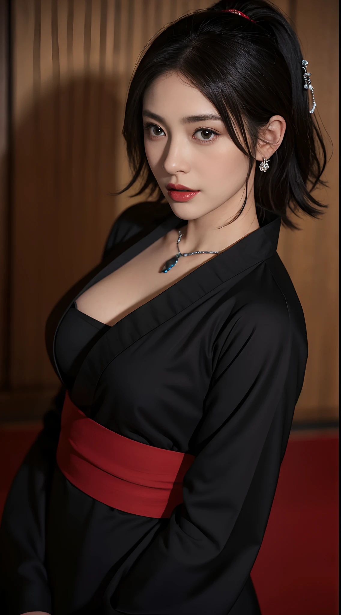 Kunoichi of the Sengoku period、Female ninja、Beautie high-level image quality hight resolution Realistic Shorthair、fullnude、Woman with dark hair、A MILF、Middle-aged woman、Big big、Detailed red-black ,,,,,,、detailed skin textures、超A high resolution、Realistic、Voluptuous body shape、angry looking face、Middle-aged beauty、Beautiful expression、With detailed red-black areola 、Detailed green eyes、long fluffy hair、Kamimei、Very delicate and detailed skin texture、Female, 35 years old、Being on the battlefield of the Warring States period、Kunoichi of the Sengoku period、Large cleavage、Large open neckline、bright red lips、Gorgeous Gunmetal Sneak Costume、ear ornament、Silver collar and necklace、