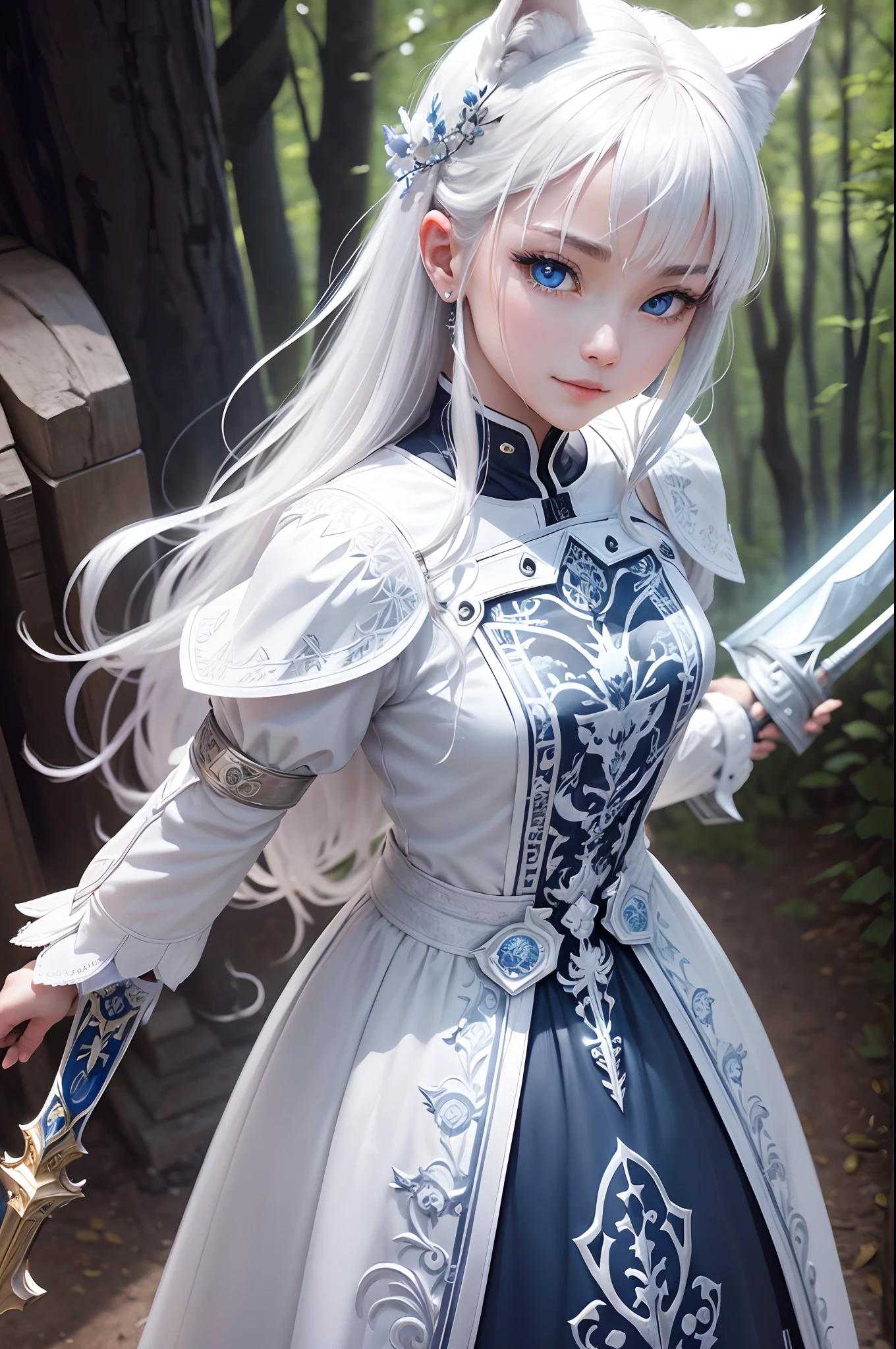 Bright and refreshing space、White is the key.、Smiling kindly、peaceful、Tiere、Not a person、unmanned、in woods、White Wolf、cyborgs、Metal Wolf、Have a beautiful sword、Shining blue eyes、1bolt、(intricate-detail)、nffsw、(intricate-detail、ultra-detailliert:1.2)、Cinematic shots、vignettes、central,、top grade、Eyes are clear、The sword shines