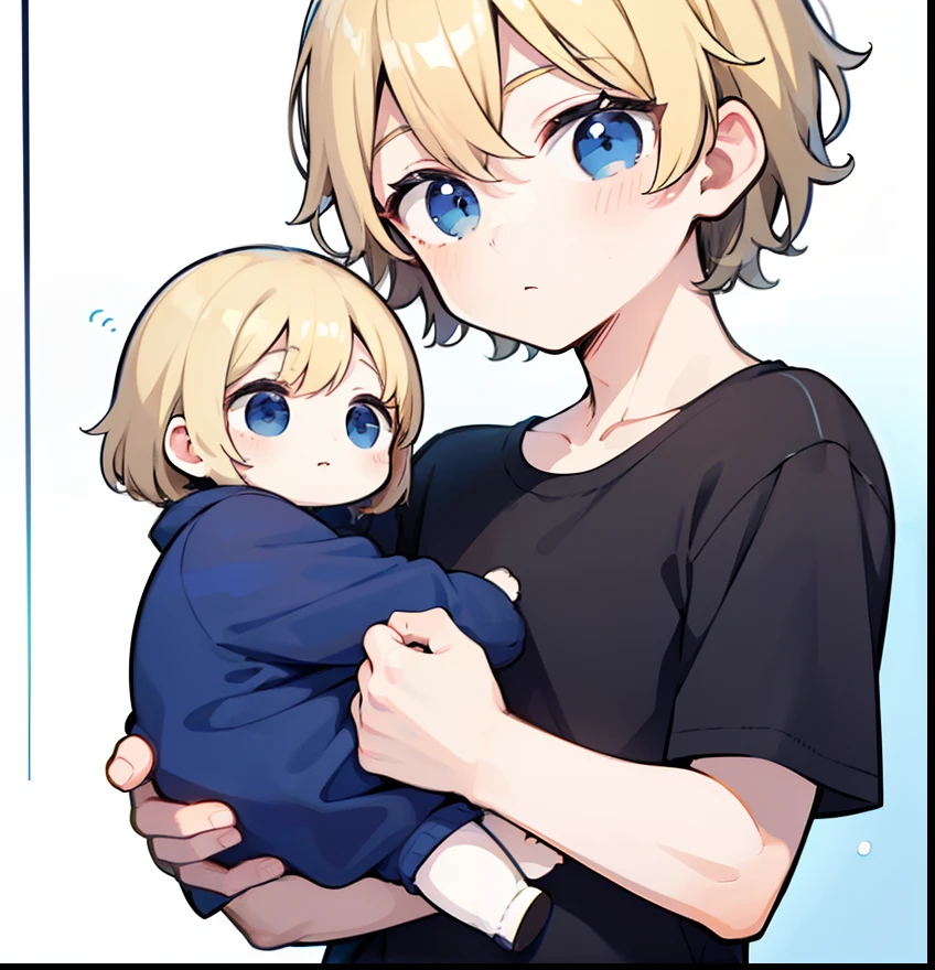 hiquality、superfine illustration,masutepiece,Animated,1boy,man,Man's,Guy,man,Man's,Short hair,Curly hair,Parted bangs,Blonde hair,Blue eyes,White skin,Handwriting style、Holding the baby