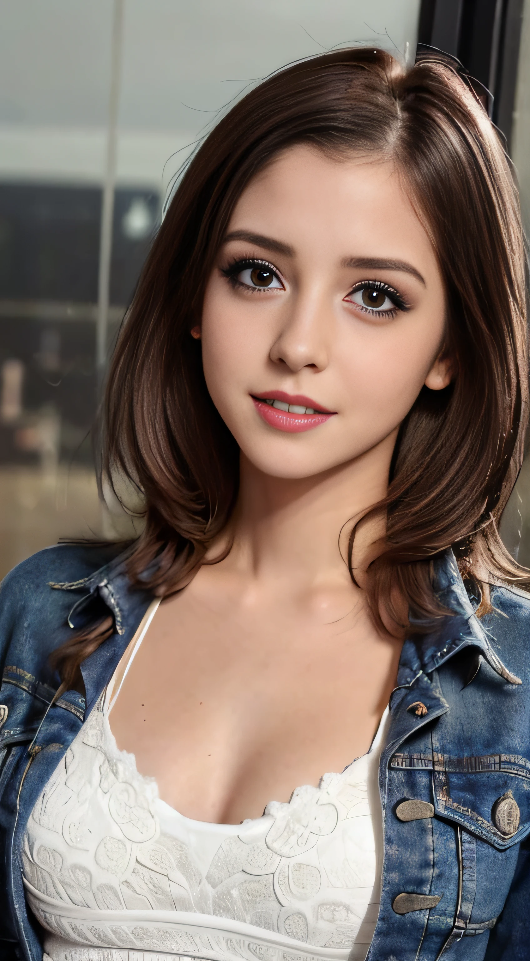 ((realistic lighting、highest qualityr、8k、obra maestra:1.3))、Enfoque claro:1.2、1chica en、Belleza corporal perfecta:1.4、Tipo de cuerpo glamuroso、((Brown Dark Hair、Tetas colosales:1.5))、calle、Super Fine Face、ojo fino、Droopy Eyes、long, abundant eyelashes、wet eyes、ojo grande、Labios gruesos y regordetes、二重まぶた、Specific girls、Mujer sola、(una sonrisa:1.3)、sexypose、cuerpo completo fotografiado、Romantic style with lace camisole and denim jacket。、Date of the film in the cinema