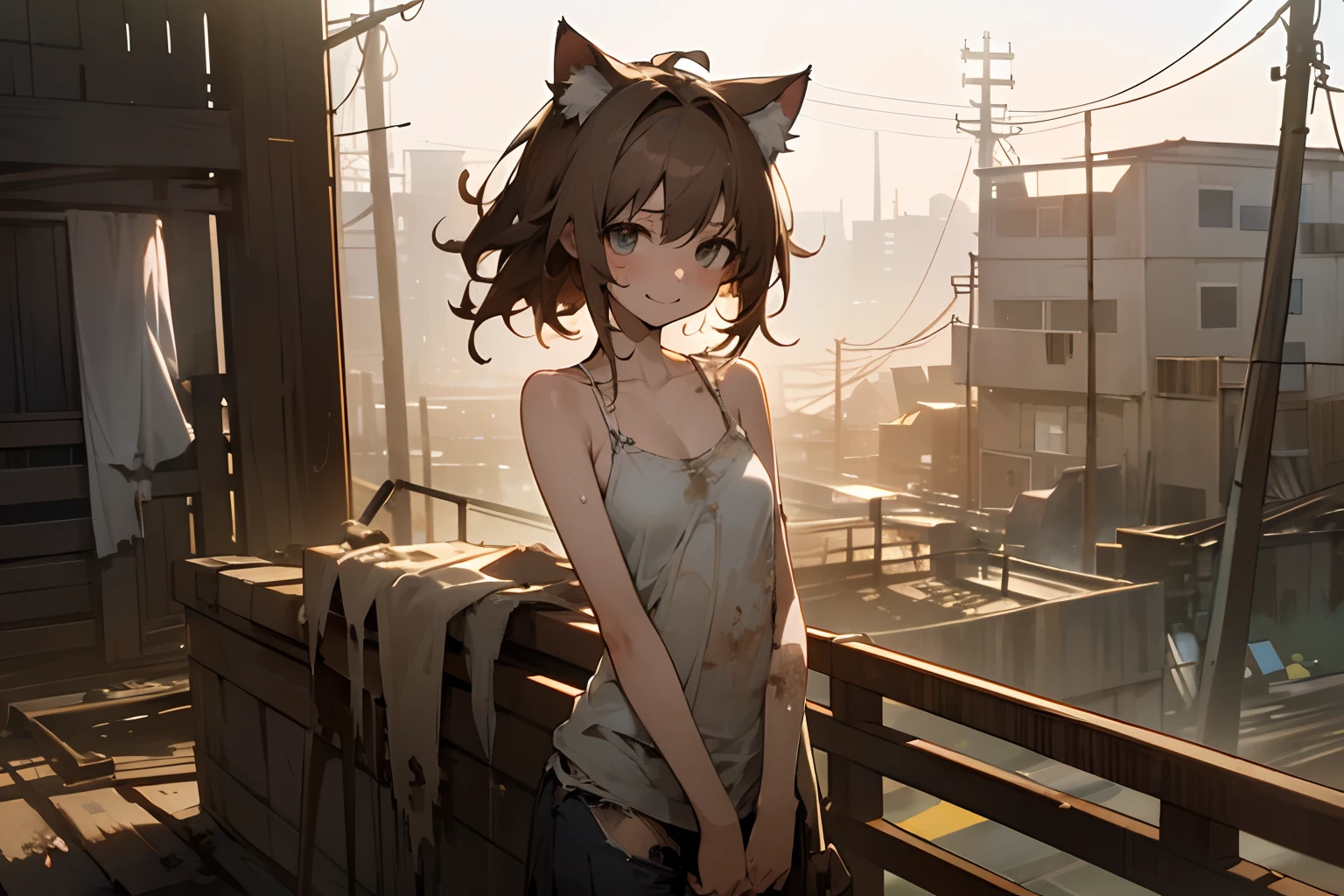((best quality)),in 8K,wide shot,cinematic lighting, (evening、Very unkempt and disheveled medium hair, exposed breast、Beautiful breasts)、(Tattered, torn, dirty white camisole、 Slender small breasts、Leaning against a rusty and dirty bridge fence)、Sweaty skin、Smiling face、 Textured skin, Cat ears, Pale brown hair, Cute Beautiful Girl、You can see the slums