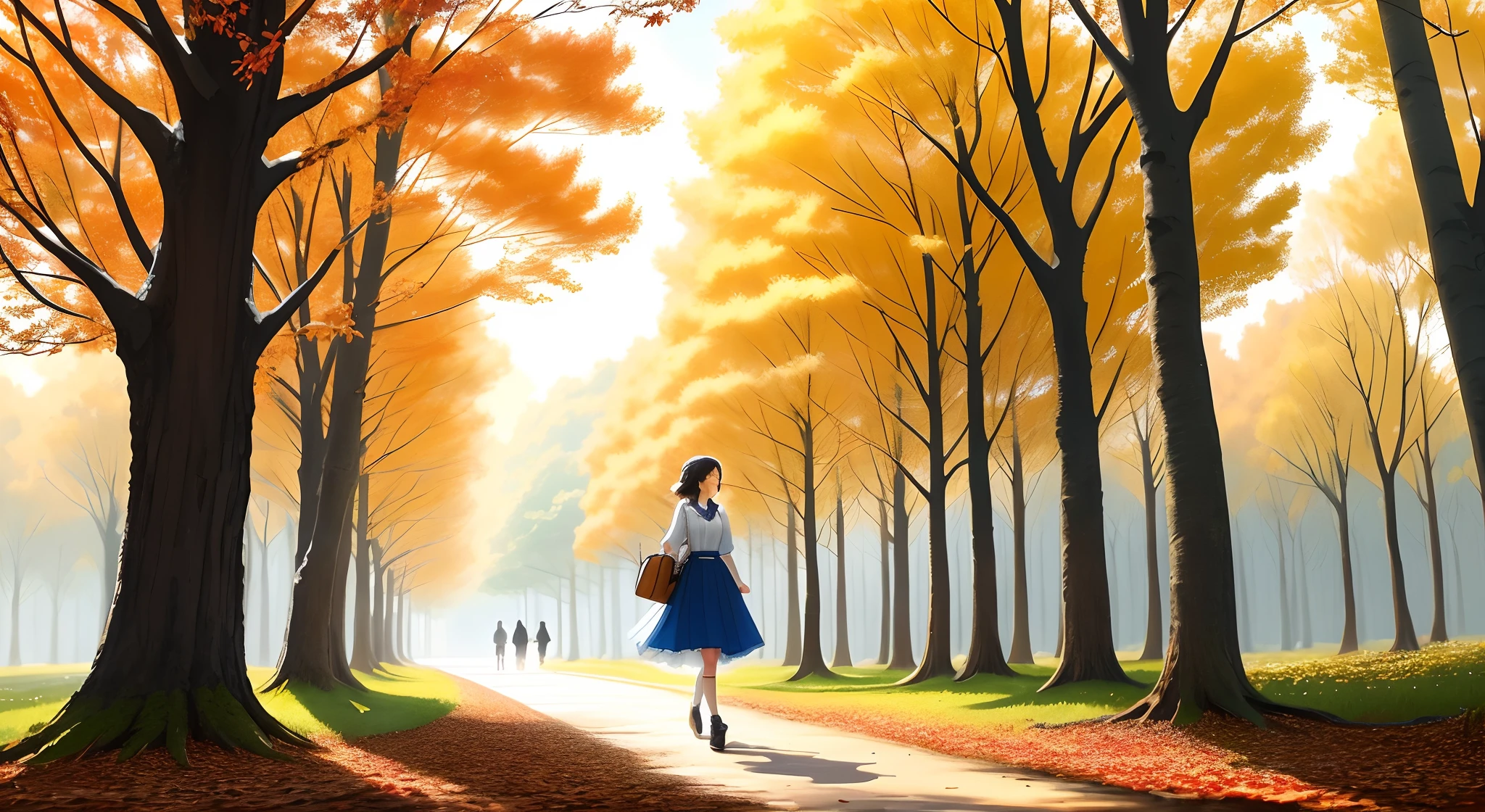 It's like a charming flat illustration,This photo shows the wonderful scene of autumn。Against the background of blue sky and white clouds,The autumn leaves fall lightly like dancers,It was as if the whole season was frozen in this moment。The woods were filled with golden light,It's like a paradise。The girl wears a beautiful dress,Bring a light school bag,Walk on the path。Her smile was bright and warm,Like the sun shining on the earth。The surrounding flowers and plants are dotted with colorful flowers,They also seem to be cheering for this wonderful season。This illustration outlines the splendor and vibrancy of autumn,Let you feel the change of seasons and the charm of nature。delicated face,Exquisitehands,Intact hands