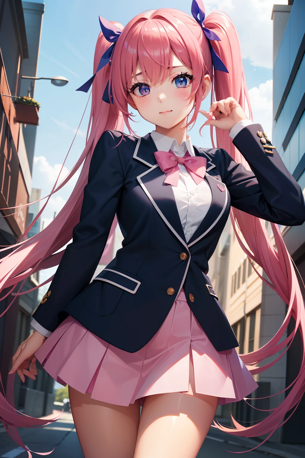 High school girl with beautiful eyes、High School Uniform、Dark blue blazer、Pink skirt、Pink ribbon、Heart-shaped choker、long hair with pink twin tails,,,,、Schools、独奏、gazing at viewer、rainbows、optic、。.。.。.。.。.3D、hight resolution、top-quality、full body Esbian、8K Character Concept、32K、pixiv、illustratio、 ultra-detailliert、hyperdetailed face、Megapixel、 Ultra High Definition HDR、Clair、Overdecoration、● S180 - Rainbow 5