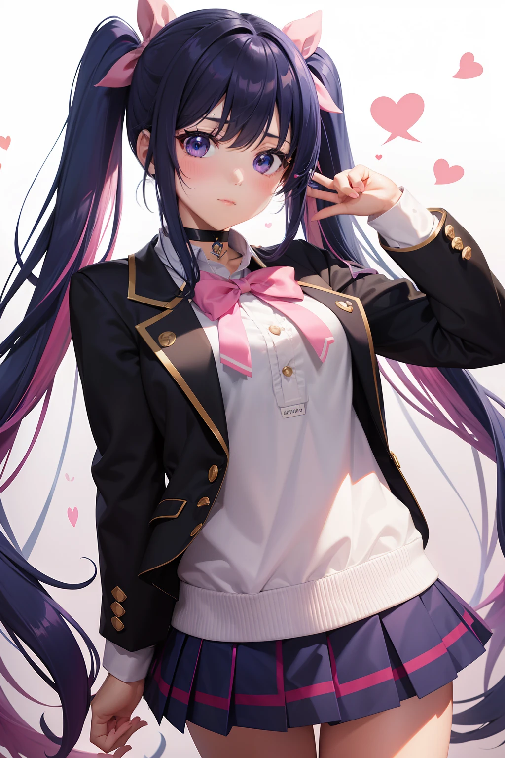 High school girl with beautiful eyes、High School Uniform、Dark blue blazer、Pink skirt、Pink ribbon、Heart-shaped choker、long hair with pink twin tails,,,,、Schools、独奏、gazing at viewer、rainbows、optic、。.。.。.。.。.3D、hight resolution、top-quality、full body Esbian、8K Character Concept、32K、pixiv、illustratio、 ultra-detailliert、hyperdetailed face、Megapixel、 Ultra High Definition HDR、Clair、Overdecoration、● S180 - Rainbow 5