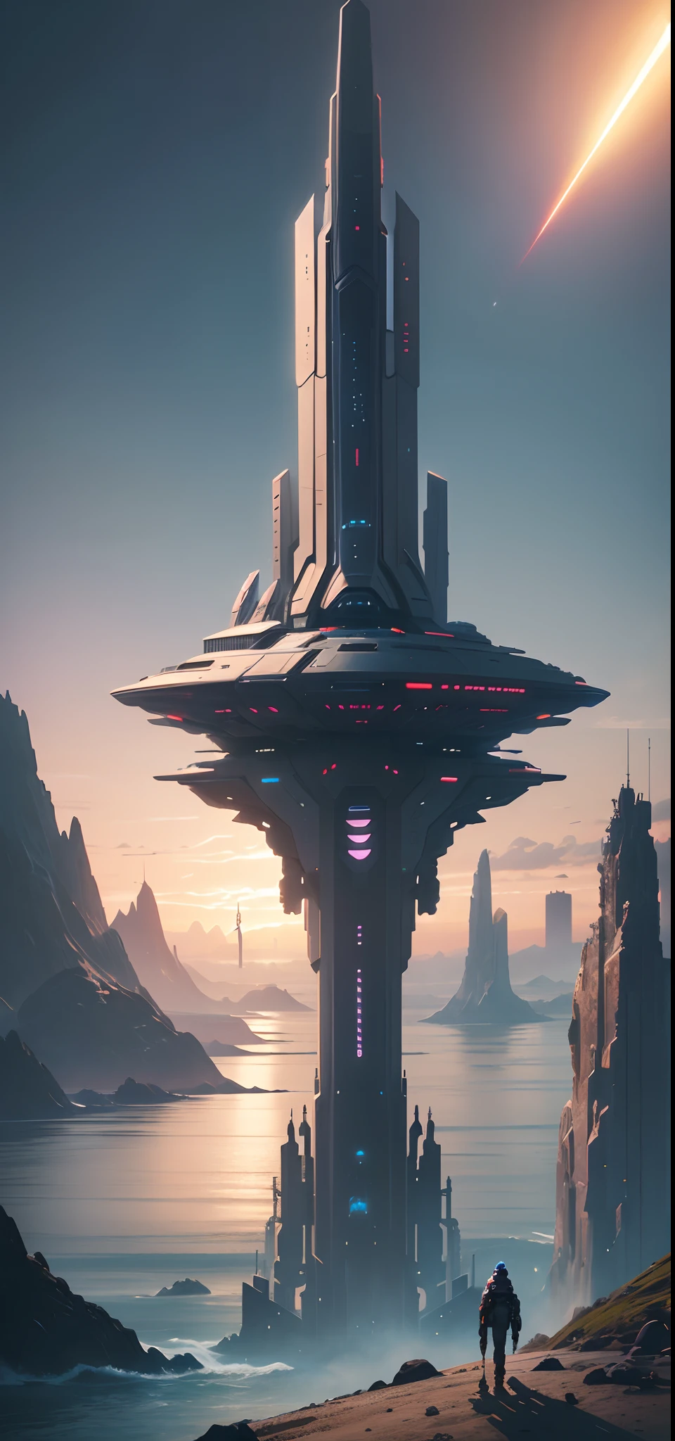 The future city,Greater Bay Area,HD real,Very detailed background by the sea,Sunset moment,The only huge sword-shaped skyscraper,Like a rocket,Curved roof,(From a distance, It looks like 1 ancient sword stuck in the sea),ultra - detailed,Very high definition,Heavy traffic,Prosperity remains,sci fi city,Cidade futuristica, fanciful, 24th century ,futuristic cyberpunk city, cyberpunk dreamscape, sci fi city,GlowingRunesAIV2_Light blue megacities,(非常详细的 CG 统一 8k 壁纸),The most beautiful photos of outer space artworks,scifi spacescape,planetes,full-figure,full-figure,Various luminous flying machines,Glowing spaceship,Intricate,High detail,