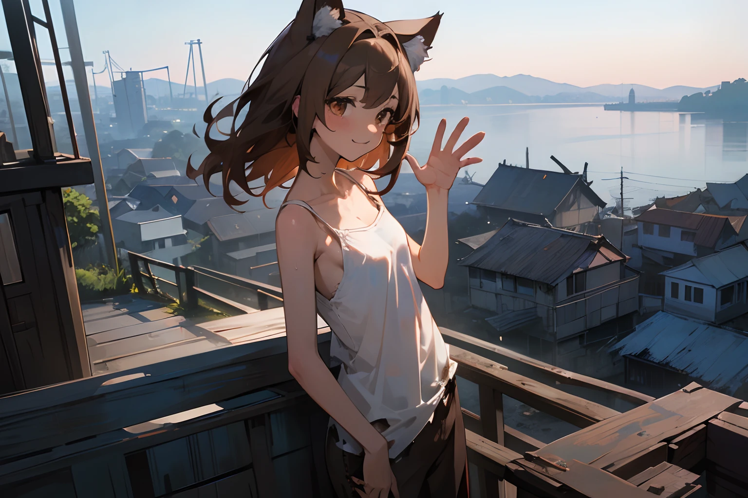 ((best quality)),in 8K,from side, wide shot,cinematic lighting, (evening、Very unkempt and disheveled medium hair, exposed breast、Beautiful small breasts)、(Tattered, torn, dirty white camisole、 Slender small breasts、Waving at the red, rusty, dirty iron bridge)、Sweaty skin、Smiling face、 Textured skin, Cat ears, Pale brown hair, Cute Beautiful Girl、View of the sea and slums