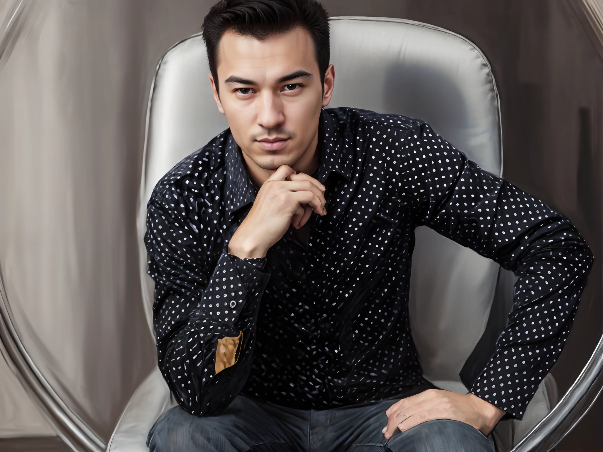 Man sitting in a chair with his hand on his chin, Alejandro, Maxim Shirkov, Nathan Fielder, Andrei Riabovitchevy, Estilo de Anton Fadeev, Vitaly Bulgarov, Andrey Surnov, inspired by Kristian Kreković, Riabovitchev, Romano Shipunov, Pavel Shvedov