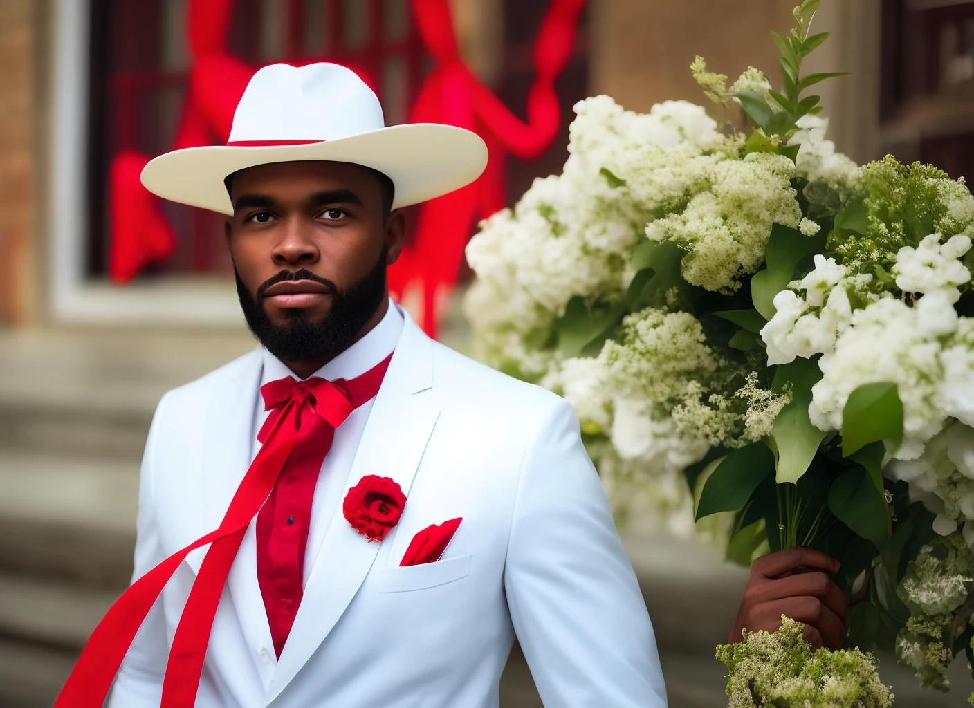 Create a realistic image of a tall, strong black man, dressed in a white suit with red details, with white Panama hat with red ribbon, referenced to Zé pilintra of umbanda;