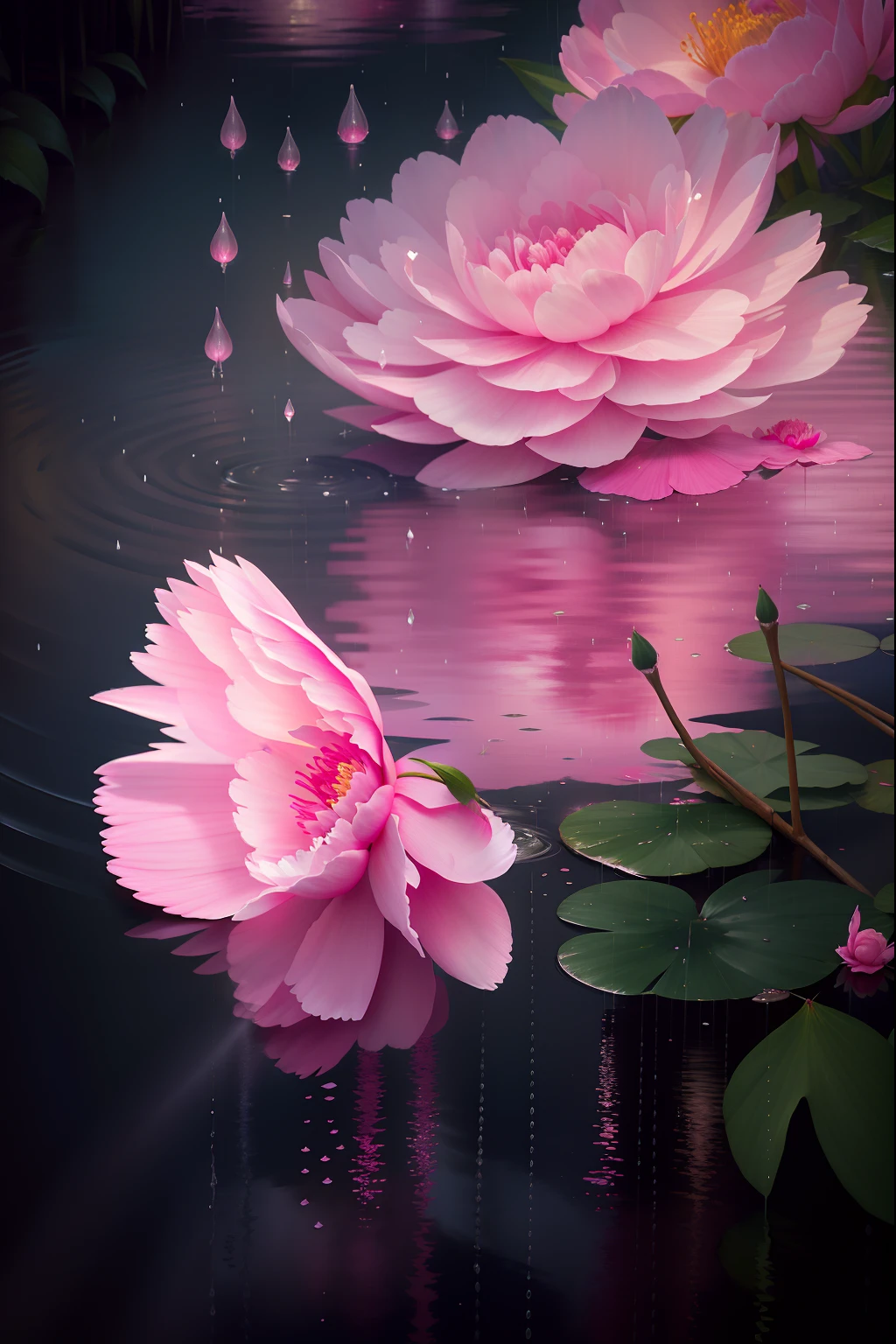 There is a pink flower in the water, Pink reflections, Peony flower, beautiful flowers and crystals, reflecting flower, flowers rain everywhere, flowers exploding and spraying, Peonies, peony flower, pink petals fly, pink flower, pink waterfalls, drizzle, rained, very beautiful photograph of, Peonies, heavy rain poured, beautiful  flowers, Pink petals