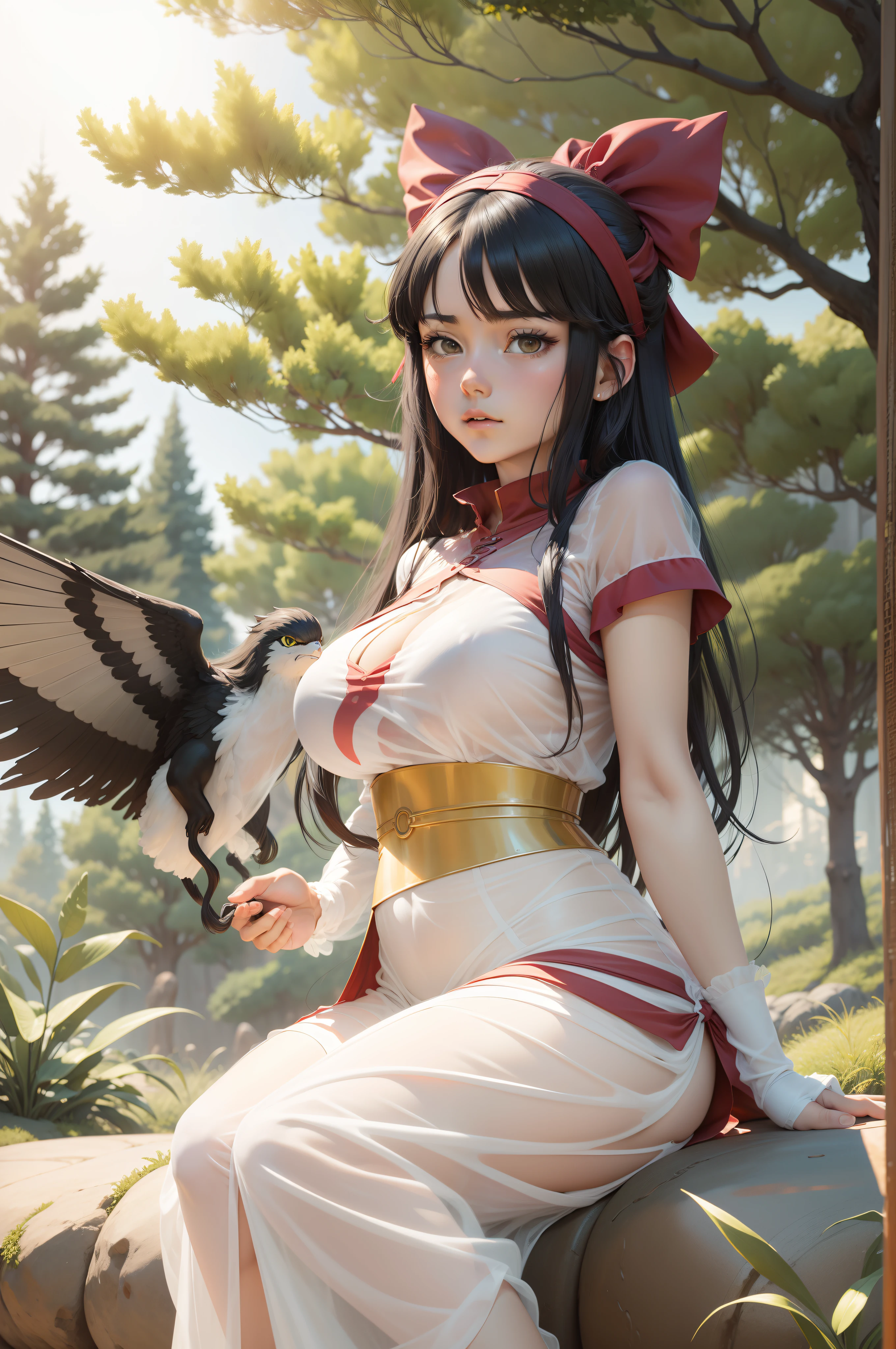 black color hair, surrealism, Ghibli-like colors, Ghibli-like colors, anime big breast, Standing painting, angle of view, foreshortening, foreshortening, 8K, Super detail,Woman with full breasts,See-through installation,see-through transparent clothes