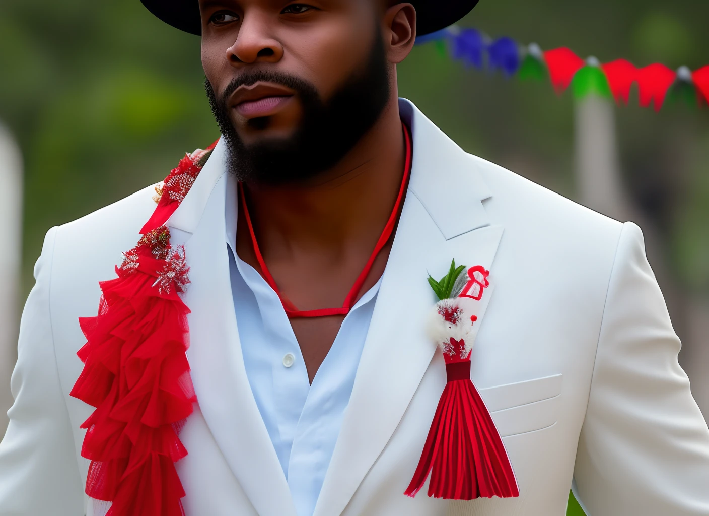 Create a realistic image of a tall, strong black man, dressed in a white suit with red details, with white Panama hat with red ribbon, referenced to Zé pilintra of umbanda;
