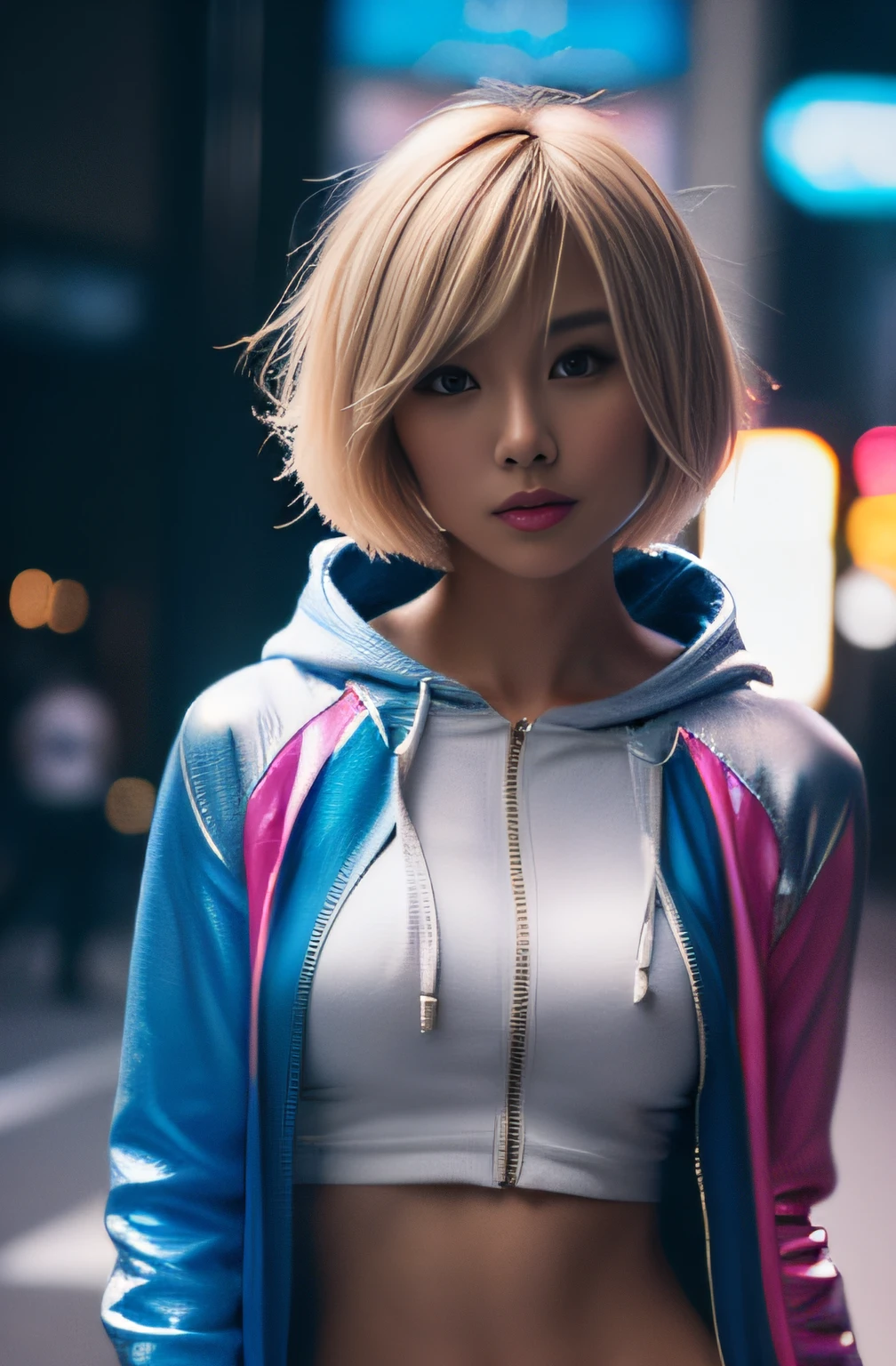 (masterpiece:1.2), ultra detailed, (realistic, photo realistic:1.37), high detail RAW color photo, professional photograph, extremely detailed, finely detail, extremely detailed face, extremely detailed eyes, extremely detailed skin, perfect anatomy, (Japanese famous actress:1.3), blond hair, shortcut hair, (gyaru:1.2), (Tanned skin:1.3), flat chest, Dynamic lighting, hoodie, (hood up:1.2), full body, shorts, (graffiti art on wall:1.4), (from below:1.2), (dynamic pose:1.2),