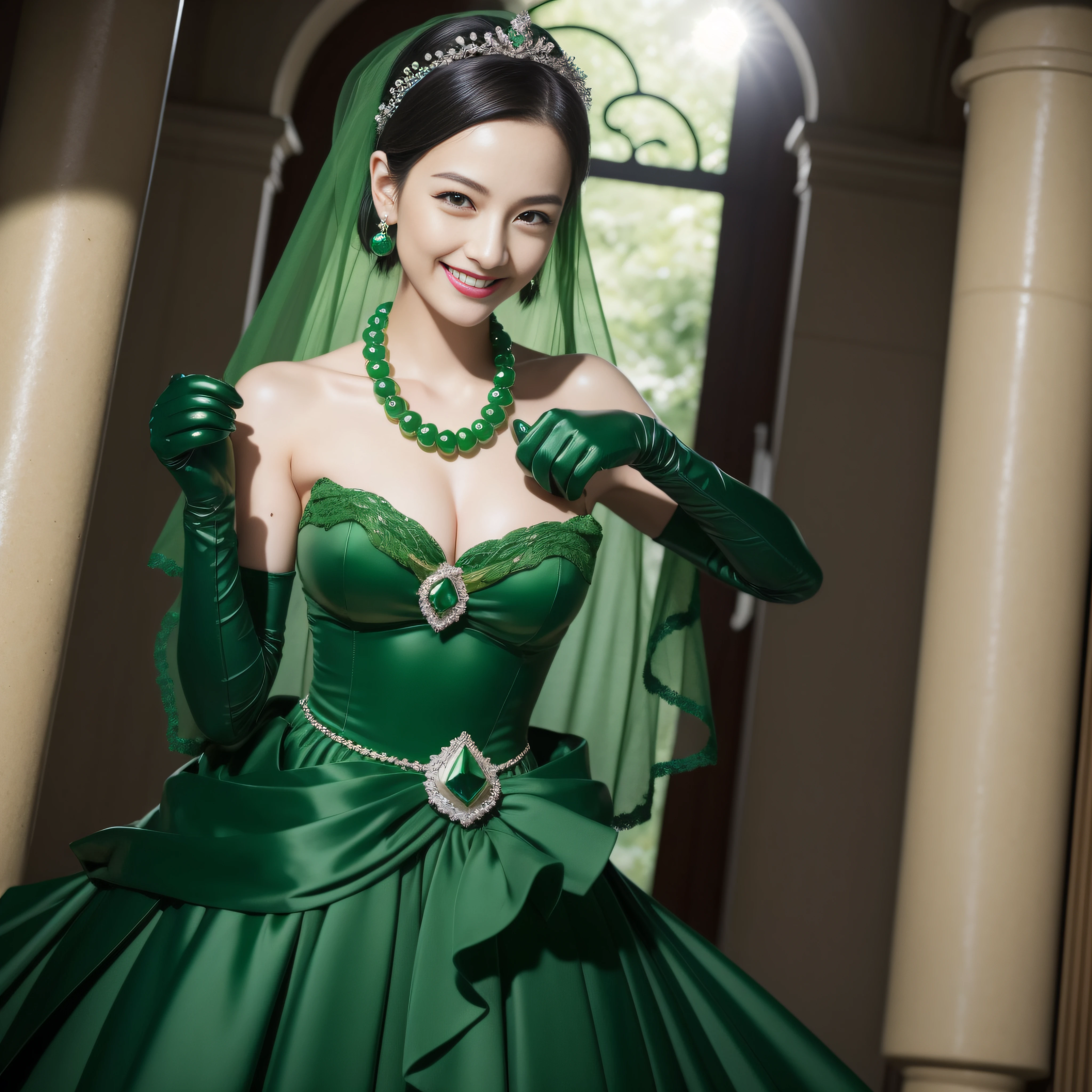 Boyish very short black hair, lipsticks, Japan woman smiling, Green Long Grove, Emerald Tia boyish very short black hair, lipsticks, Japan woman smiling, Satin green long gloves, Green Pearl Necklace, Long green gloves made of satin material, big breasts beautiful, Green Bridal Veil, Green eyes, Emerald Earrings,emerald tiara, verd s eyes, Green eyes