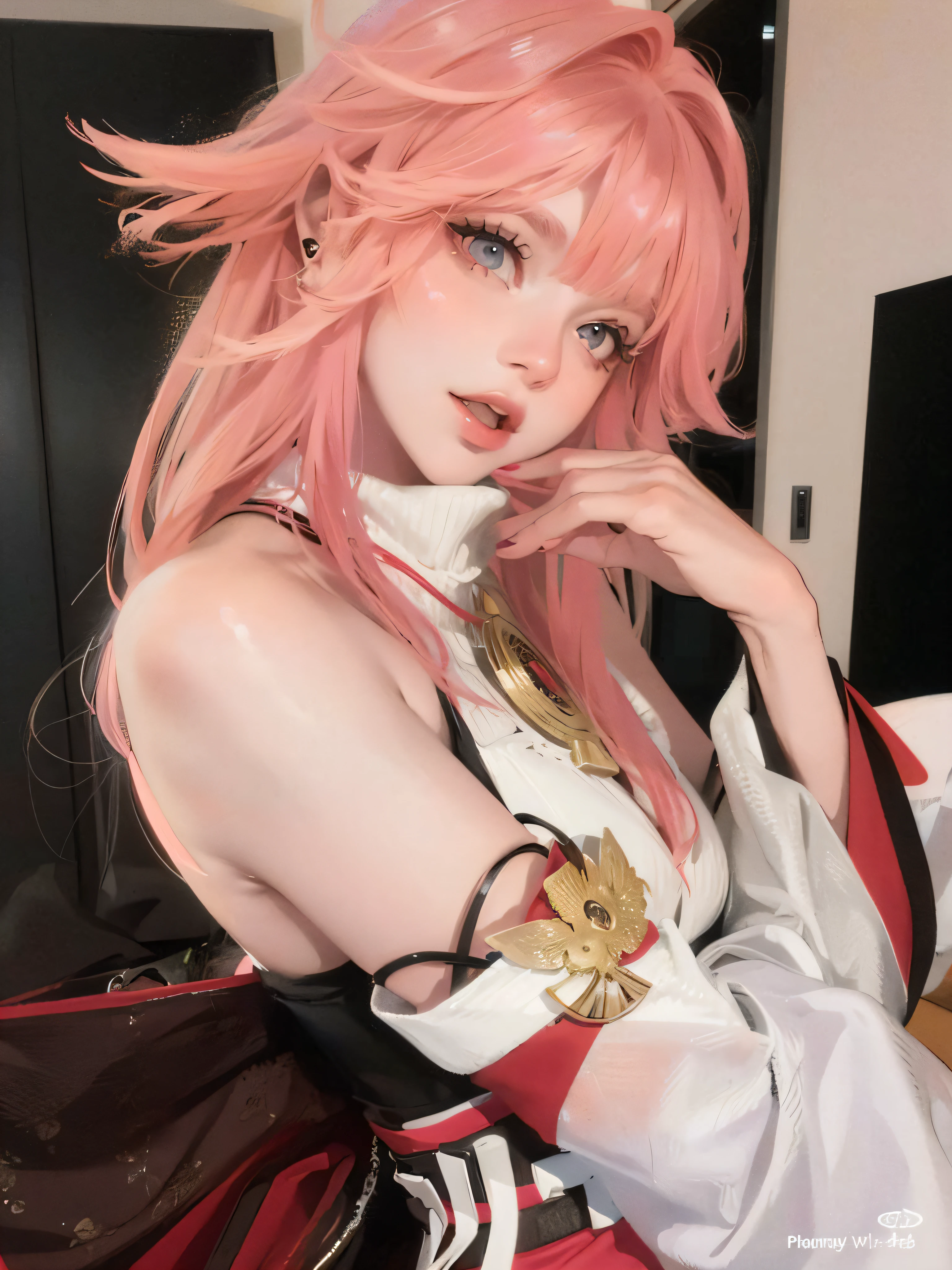 masterpiece, high quality, intricate details, illustration, perfect lighting, perfect everything, 1girl, laying in bed, spreading legs, medium ass, visible ass, side view, tamamo, animal ear fluff, animal ears, fox ears, fox girl, standing, bare shoulders, blue kimono, blue ribbon, blue thighhighs, collarbone, detached sleeves, japanese clothes, kimono, thighhighs, looking at viewer, hair ribbon, pink hair, seductive face, seductive pose, slight smile, perfect eyes, (yellow eyes:1.5), slight smile, <lora:tamamotestt:1>