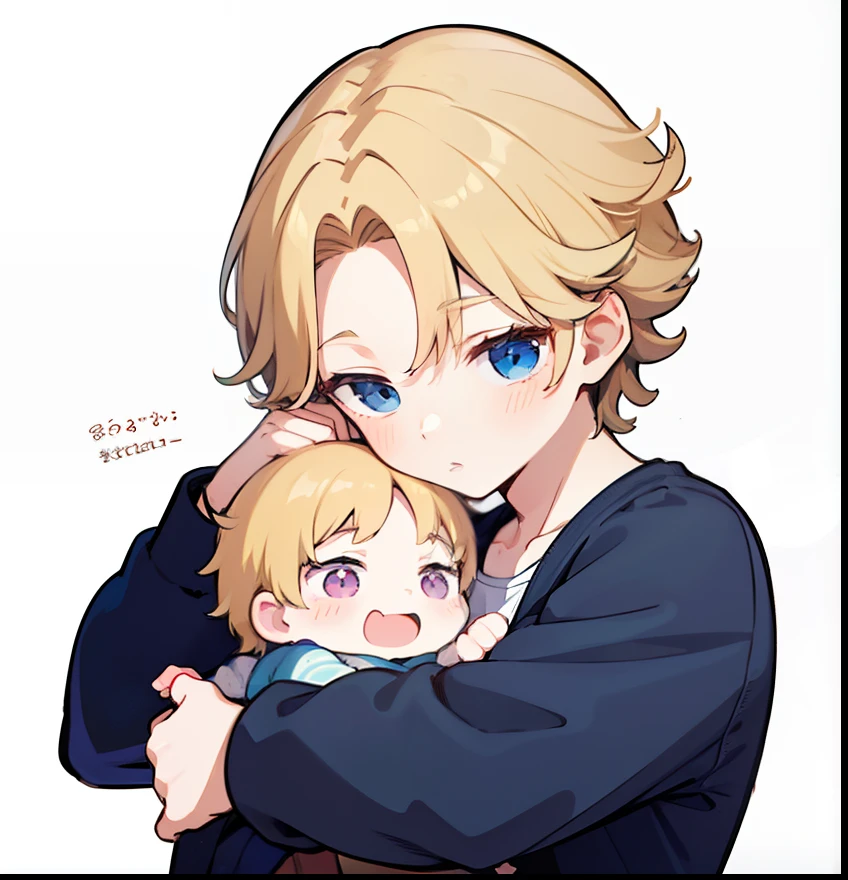 hiquality、superfine illustration,masutepiece,Animated,1boy,man,Man's,Guy,man,Man's,Short hair,Curly hair,Parted bangs,Blonde hair,Blue eyes,White skin,Handwriting style、Holding the baby