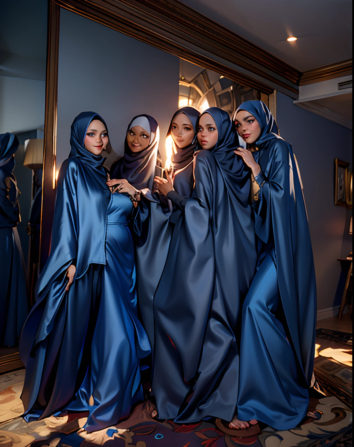 3dmm style, Masterpiece, best quality, photography, detailed skin, realistic, photo-realistic, 3D Character Design, pixar, real cartoon, 8k, highly detailed, full length frame, High detail RAW color art, diffused soft lighting, shallow depth of field, sharp focus, hyperrealism, cinematic lighting, ((close up)) hijab, a woman, beautifully makeup, brown beautiful big eyes, long eye lashes, wearing (Dark blue satin hijab), loosely tide hijab style,((gray satin shirt)),