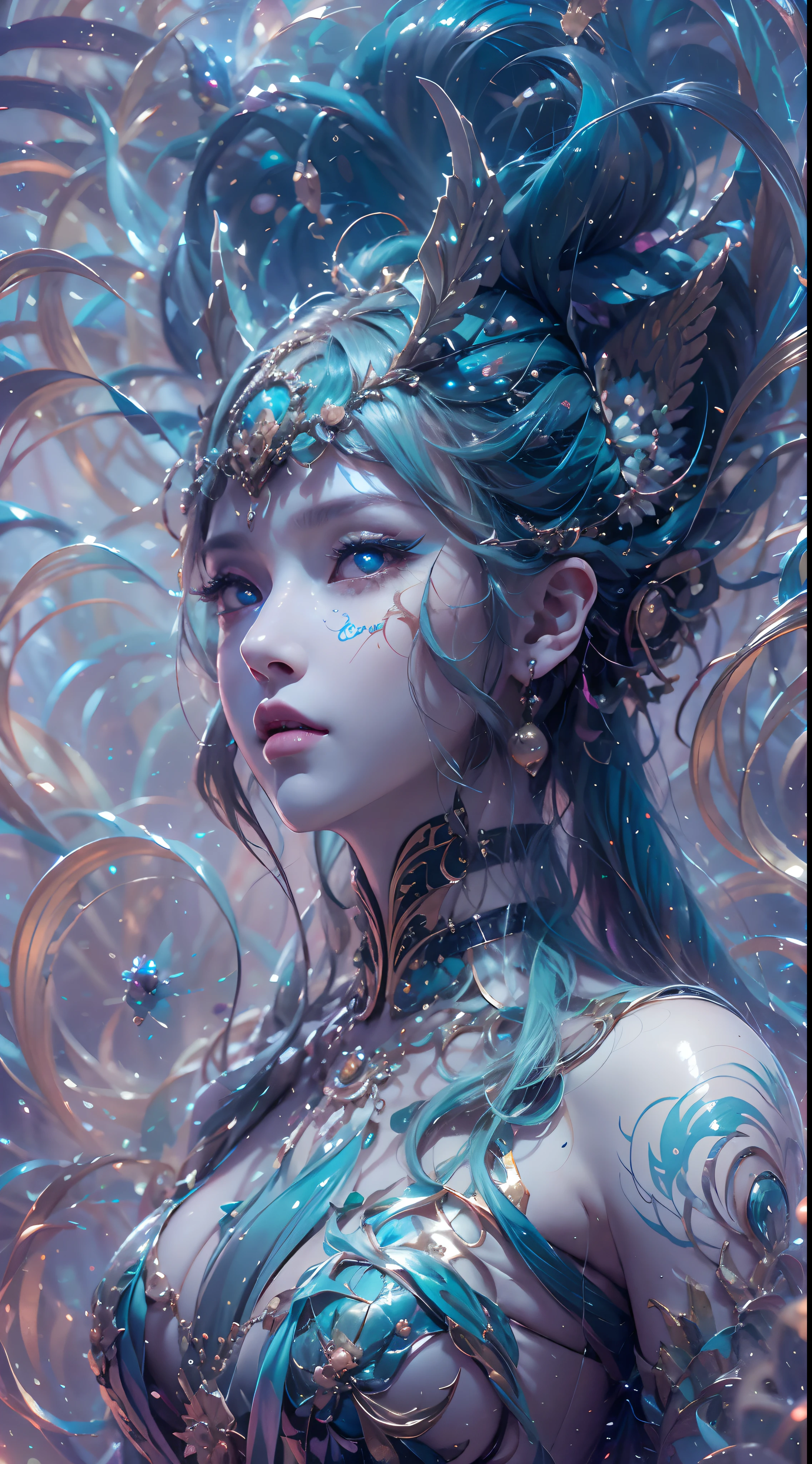 (best qualtiy,ultra - detailed,Most Best Illustration,Best shadow,tmasterpiece,A high resolution,professionalartwork,famousartwork),Sky blue picture style,Detailed eyes,beautidful eyes,closeup cleavage,sci-fy,colored sclera,Robot eyes,face markings,Tattooed with,(fractalized,Fractal eyes),largeeyes,Wide eyes,(Eye focus),sface focus,Cosmic eyes,Space eyes,Close-up of metal sculpture of a woman with a moon in her hair,goddes。extremly high detail,3 d goddess portrait,Extremely detailed footage of the goddess,a stunning portrait of a goddess,Side image of the goddess,portrait of a beautiful goddess,Full body close-up portrait of the goddess,hecate goddess,portrait of a norse moon goddess,goddess of space and time,PureErosFace_V1,Urzang-6500-V1 version.1,