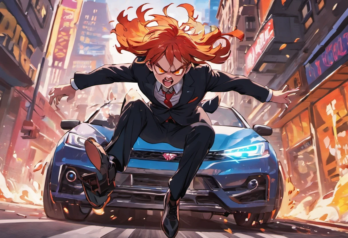 ager jumping a car down the street, breathing heavily, wearing a suit