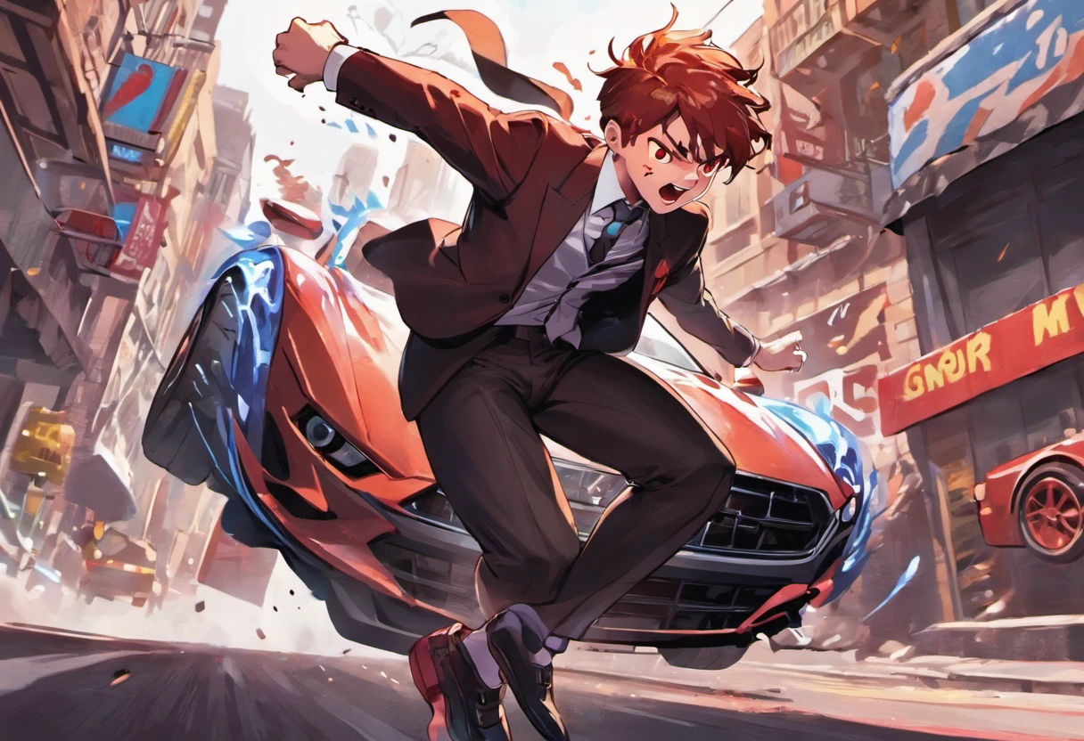 ager jumping a car down the street, breathing heavily, wearing a suit
