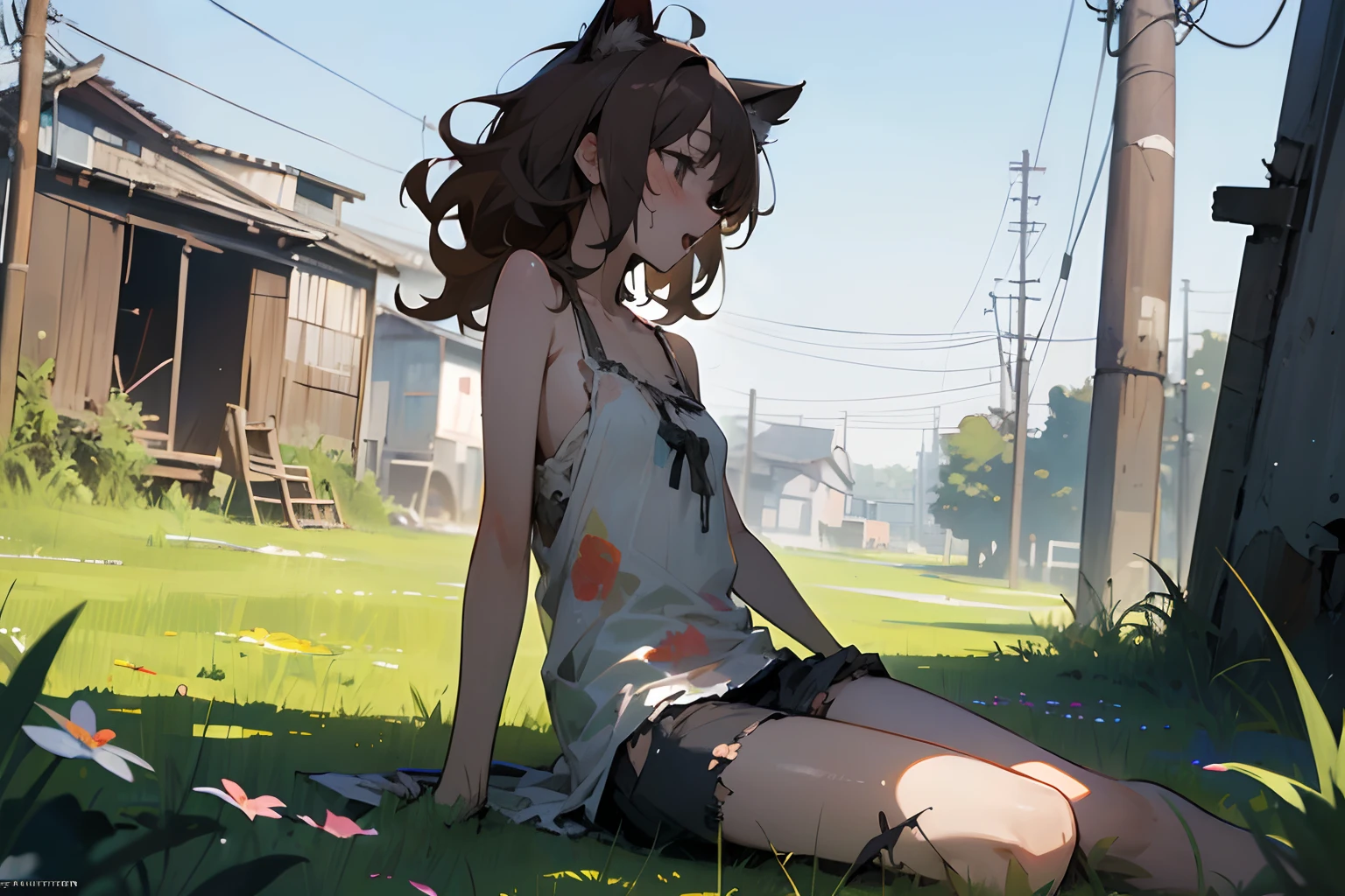 ((masuter piece)), in 8K, from side, cinematic lighting, (Very unkempt disheveled medium hair、Sit on the grass with your legs stretched, Flowery ruins), (exposed breast, Heavily battered and torn dirty white camisole, Slender small breasts, Open your big mouth with a lonely face), Textured skin, Cat ears, Pale brown hair, Cute Beautiful Girl、Summer days in the slums