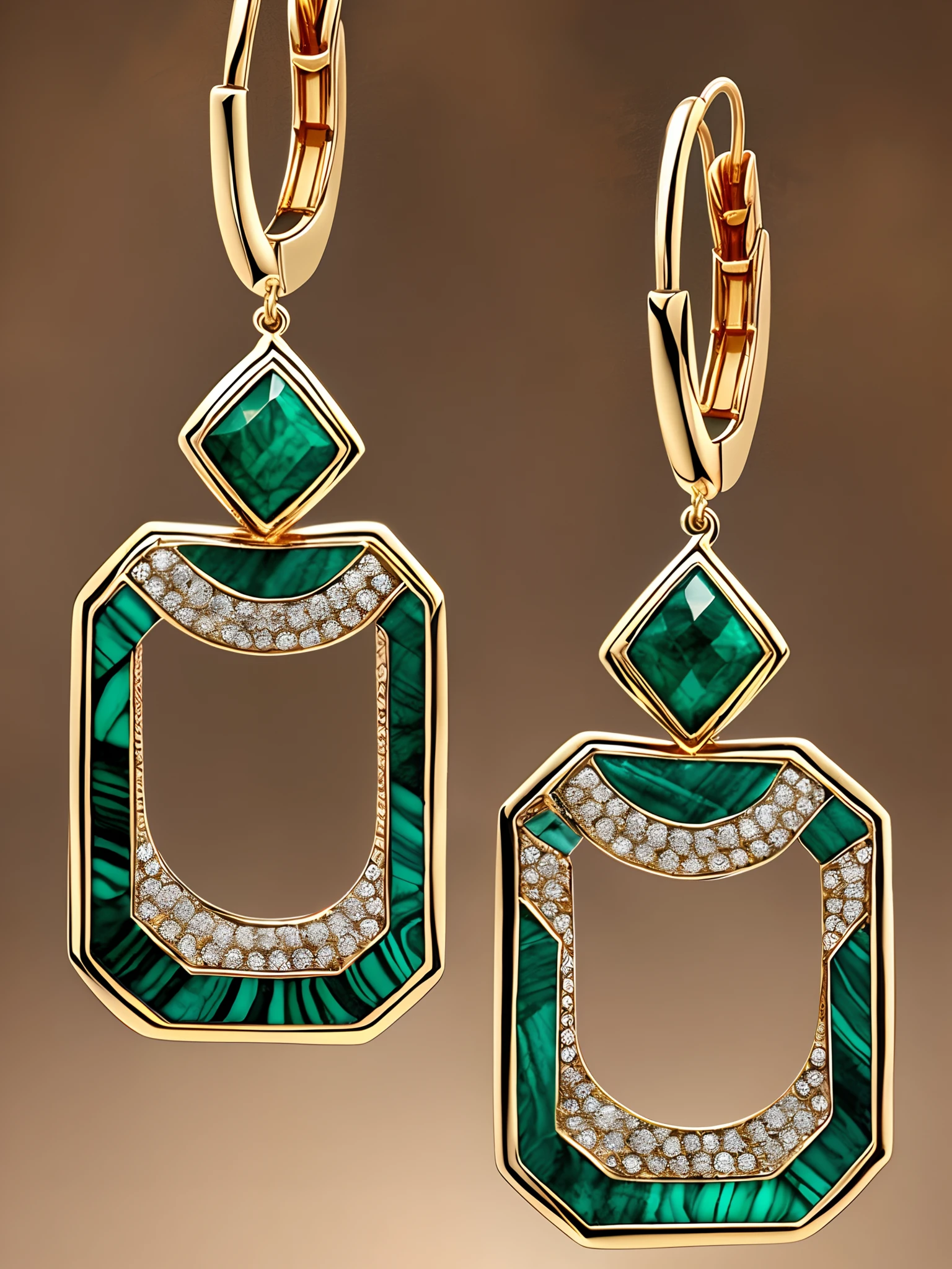 Egyptian Reverie - Ancient Reverie Collection Earrings: Malachite, Diamonds, Yellow Gold, Black Onyx, White Mother-of-Pearl - Ancient Reverie of Egypt  Egypt has always been renowned for its mysterious and ancient culture, with its pyramids, mummies, sphinxes, and pharaohs adorned with exquisite treasures. This high-end jewelry draws inspiration from the ancient Egyptian tomb murals, interpreting them into structured triangular and circular shapes meticulously assembled to form a solemn and intricate geometric pattern. It exudes an artistic style imbued with symbolism and mysticism, expressing reverence for eternal concepts.  The most striking feature of these earrings is a magnificent 30-carat Colombian Muzo emerald, known for its lush and intense green color and exceptional clarity. It is accompanied by Gubelin and GRS certificates. The octagonal cut of the emerald perfectly harmonizes with the pattern of the earrings, showcasing the pinnacle of luxury and beauty.  The earrings are crafted using a combination of malachite, diamonds, yellow gold, black onyx, and white mother-of-pearl. The specific design details, such as the size and shape of the earrings, the arrangement and usage of the gemstones and materials, as well as the intricate patterns, should be considered in the drawing.  Please create a design that reflects the essence of this description, incorporating the elements discussed above. Thank you. --auto --s2