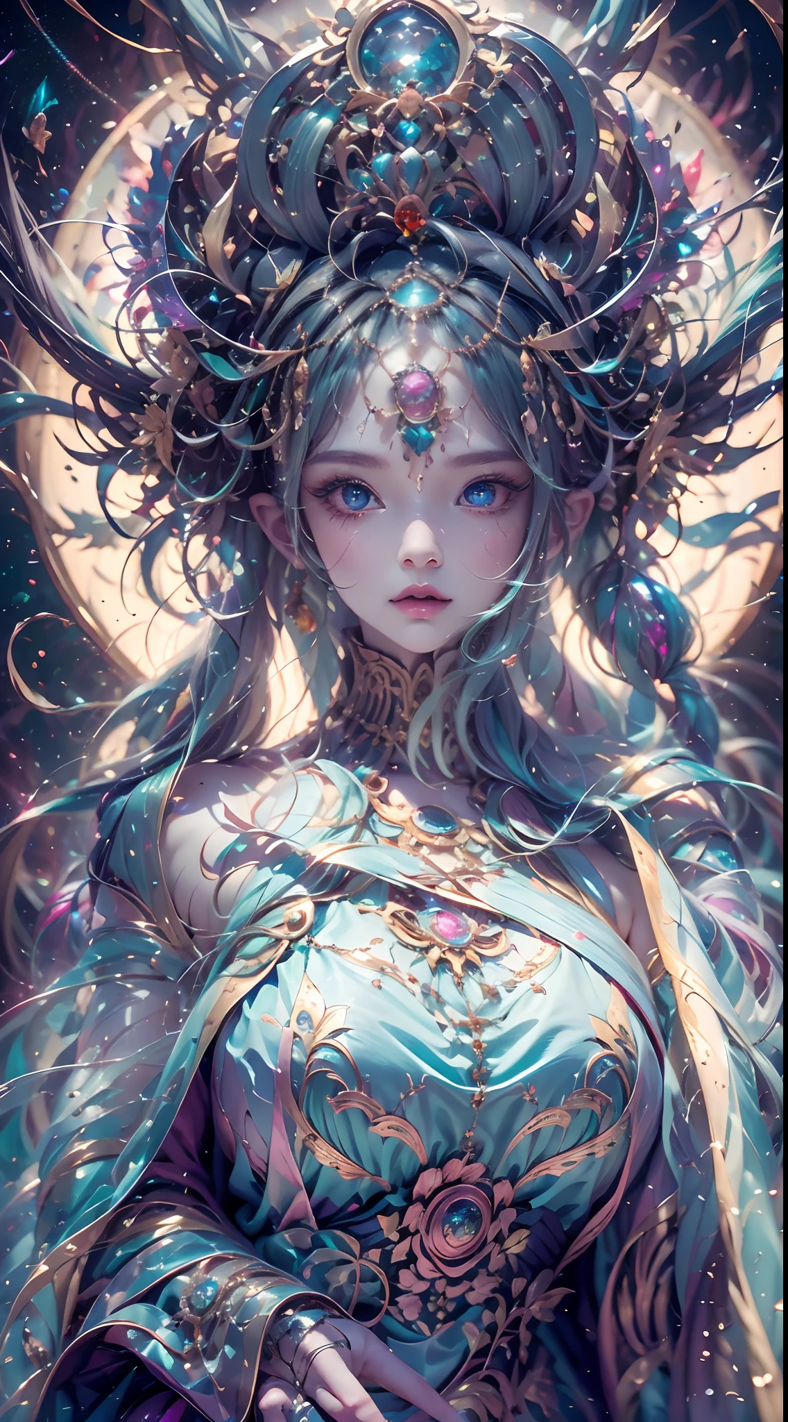 （best qualtiy，ultra - detailed，Most Best Illustration，Best shadow，tmasterpiece，A high resolution，professionalartwork，famousartwork），Sky blue picture style，Detailed eyes，beautidful eyes，closeup cleavage，sci-fy，colored sclera，Robot eyes，face markings，Tattooed with，（fractalized，Fractal eyes），largeeyes，Wide eyes，（Eye focus），sface focus，Cosmic eyes，Space eyes，Close-up of metal sculpture of a woman with a moon in her hair，goddes。extremly high detail，3 d goddess portrait，Extremely detailed footage of the goddess，a stunning portrait of a goddess，Full body close-up portrait of the goddess，hecate goddess，portrait of a norse moon goddess，goddess of space and time，pureerosface_v1，ulzzang-6500-v1.1，