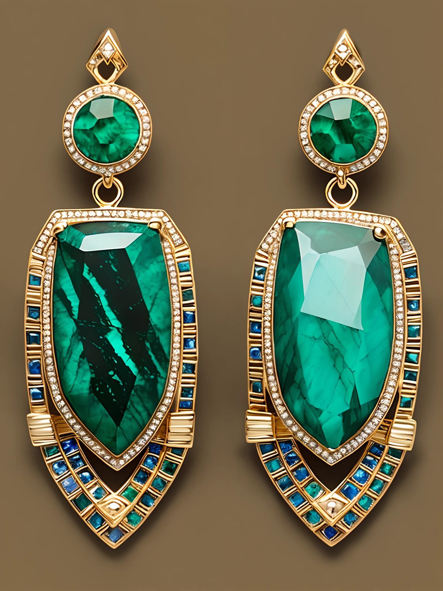 Egyptian Reverie - Ancient Reverie Collection Earrings: Malachite, Diamonds, Yellow Gold, Black Onyx, White Mother-of-Pearl - Ancient Reverie of Egypt Egypt has always been renowned for its mysterious and ancient culture, with its pyramids, mummies, sphinxes, and pharaohs adorned with exquisite treasures. This high-end jewelry draws inspiration from the ancient Egyptian tomb murals, interpreting them into structured triangular and circular shapes meticulously assembled to form a solemn and intricate geometric pattern. It exudes an artistic style imbued with symbolism and mysticism, expressing reverence for eternal concepts. The most striking feature of these earrings is a magnificent 30-carat Colombian Muzo emerald, known for its lush and intense green color and exceptional clarity. It is accompanied by Gubelin and GRS certificates. The octagonal cut of the emerald perfectly harmonizes with the pattern of the earrings, showcasing the pinnacle of luxury and beauty. The earrings are crafted using a combination of malachite, diamonds, yellow gold, black onyx, and white mother-of-pearl. The specific design details, such as the size and shape of the earrings, the arrangement and usage of the gemstones and materials, as well as the intricate patterns, should be considered in the drawing. Please create a design that reflects the essence of this description, incorporating the elements discussed above. Thank you. --auto --s2