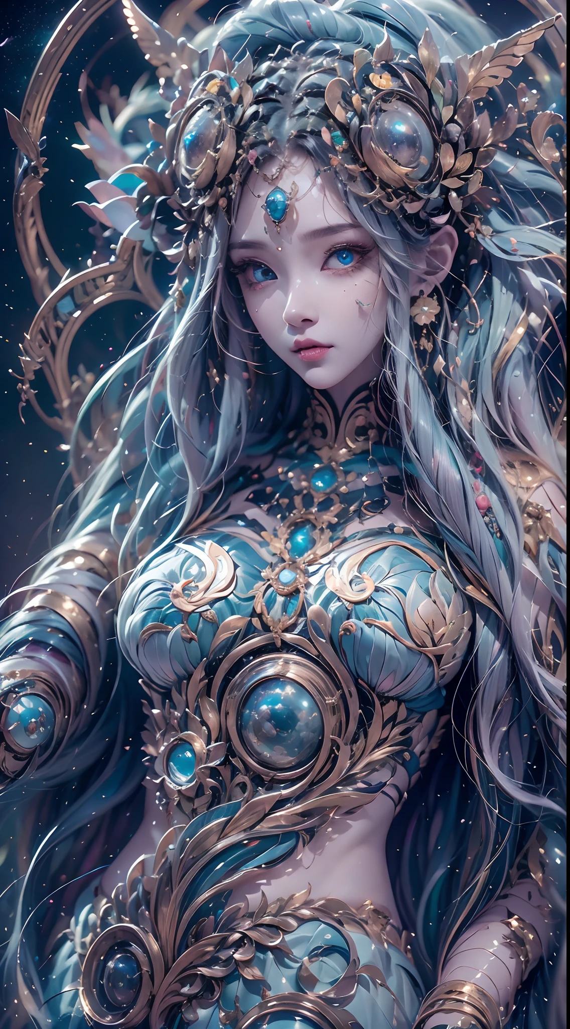 （best qualtiy，ultra - detailed，Most Best Illustration，Best shadow，tmasterpiece，A high resolution，professionalartwork，famousartwork），Sky blue picture style，Detailed eyes，beautidful eyes，closeup cleavage，sci-fy，colored sclera，Robot eyes，face markings，Tattooed with，（fractalized，Fractal eyes），largeeyes，Wide eyes，（Eye focus），sface focus，Cosmic eyes，Space eyes，Close-up of metal sculpture of a woman with a moon in her hair，goddes。extremly high detail，3 d goddess portrait，Extremely detailed footage of the goddess，a stunning portrait of a goddess，Full body close-up portrait of the goddess，hecate goddess，portrait of a norse moon goddess，goddess of space and time，pureerosface_v1，ulzzang-6500-v1.1，