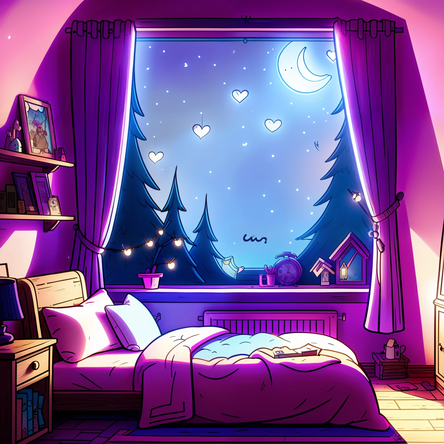 a cozy bedroom at night, moonlight shining through the window, detailed illustration, cartoon, in the style of gravityfalls,