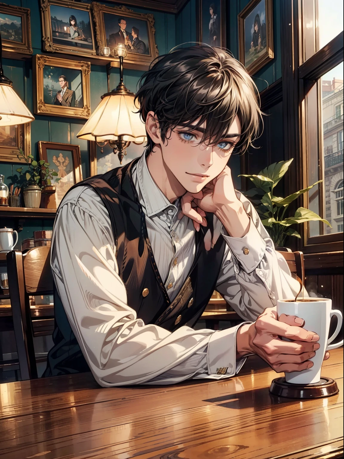 (1man), solo, beautiful detailed eyes, {{{masterpiece}}}, {{{best quality}}}, {{ultra-detailed}}, {illustration}, cinematic angle, {beautiful detailed eyes}, {detailed light},cinematic lighting, handsome man, very short hair. A man smiling and wearing casual clothes, sitting at a wooden table in a cozy corner of a coffee shop, reading a book, a cup of black coffee beside him, as the world outside rushes by, in a vintage-inspired cafe with antique furniture and soft lighting, creating an atmosphere of nostalgia and quiet reflection, perfect hands, (magazine cover:1.4),
