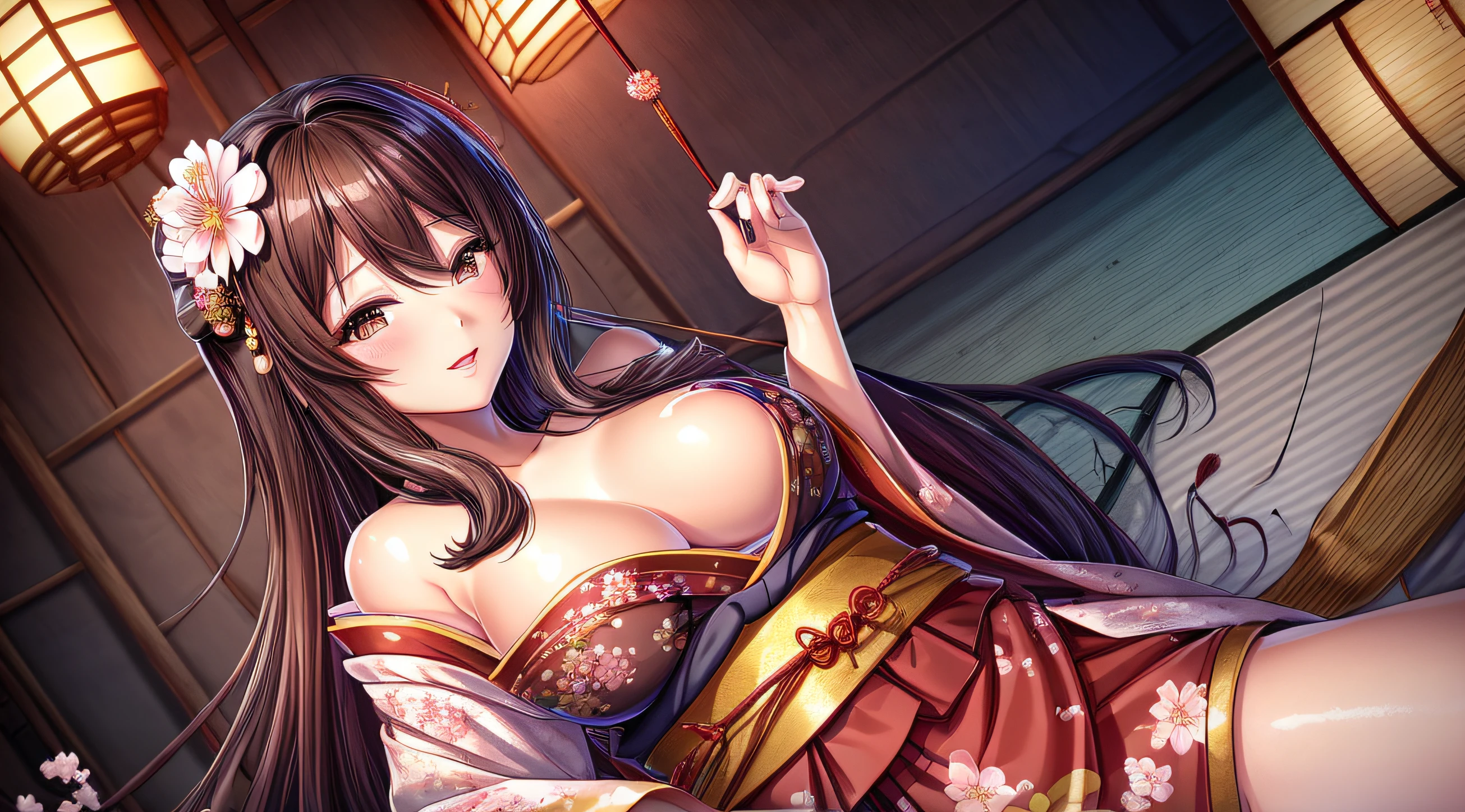 top-quality、masterpiece、femele、are small、Mature、Beautie、hairstyle on(Brown hair、Medium long、Japanese hair)、body type(Perfect Style、Beautiful skins、Beautiful breasts)、garments(Kimono with cherry blossom pattern、Japanese dress)、The location(houseboat、Tatami mats、a room、traditional Japanese room)、Background with(Fireworks go off)、High quality、Delicate images、Detailed details、high-level image quality、hightquality、