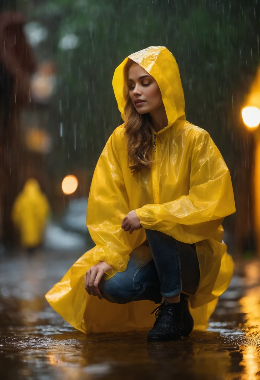 Yellow hood raincoat girl,stand posture,Positive perspective,Barefoot and barefoot,Downpour site,Accentuates the raincoat gel texture,Accentuates the translucent texture of the raincoat。