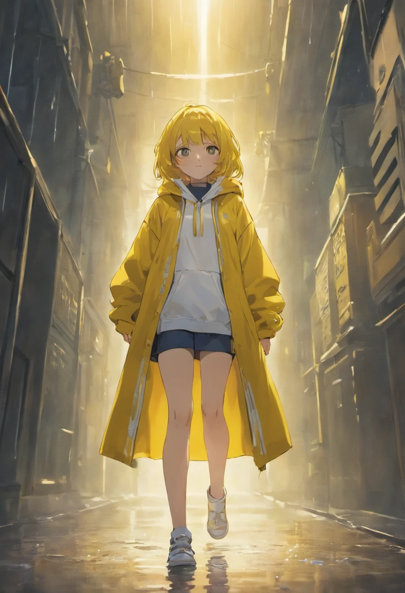 Yellow hood raincoat girl，stand posture，Positive perspective，Barefoot and barefoot，Downpour site，Accentuates the raincoat gel texture，Accentuates the translucent texture of the raincoat。