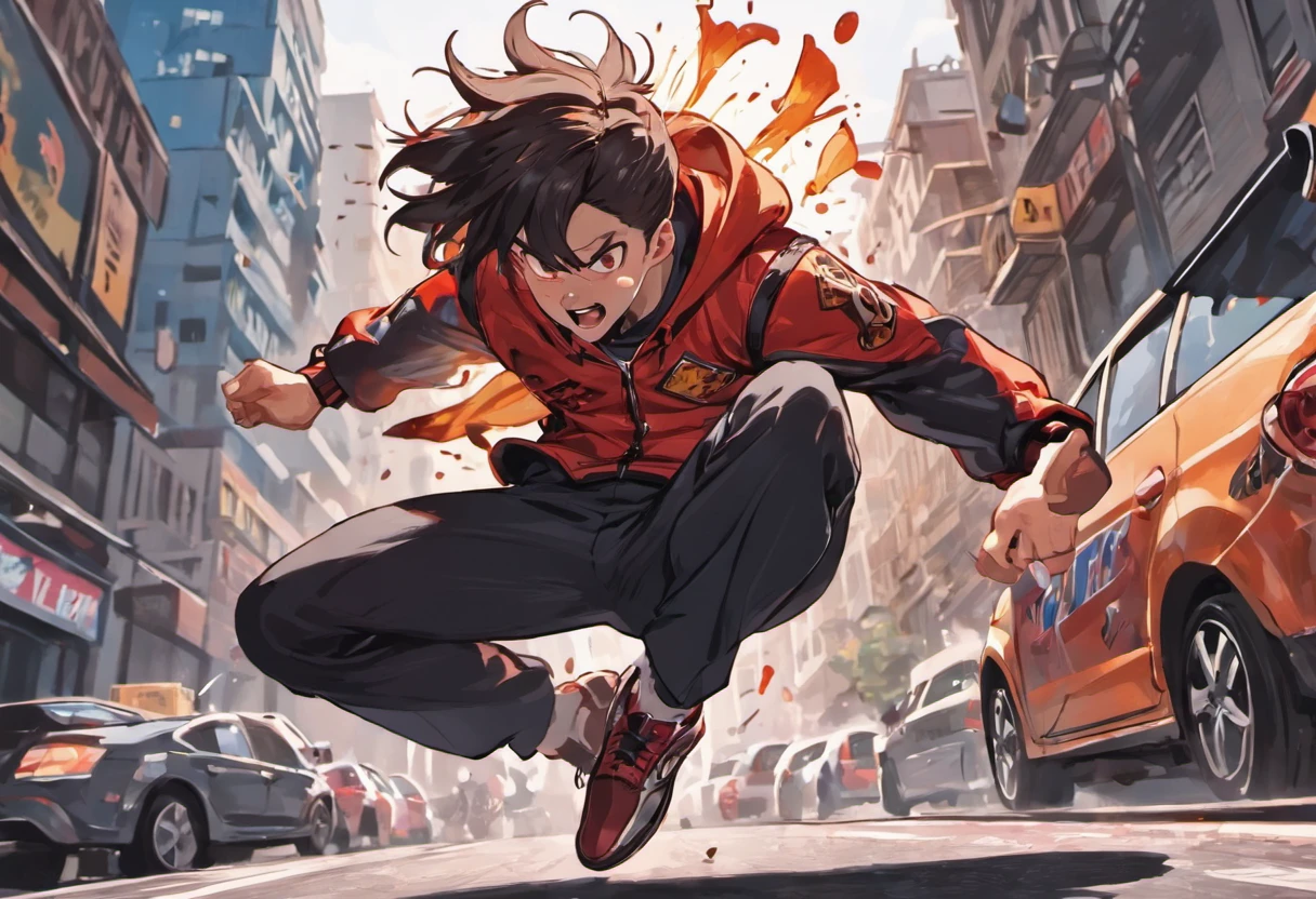 teenager in profile jumping over a moving car on the street, breathing heavily, wearing suit