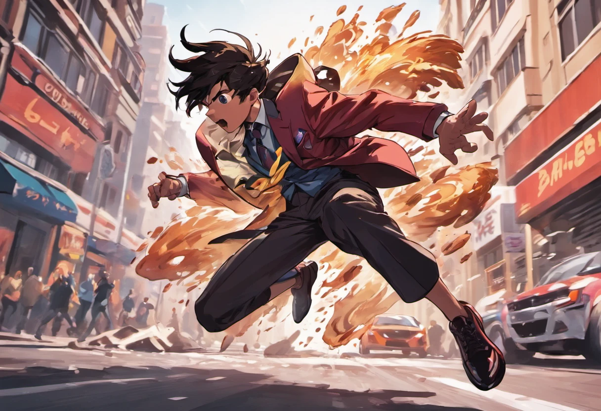 ager in profile jumping over a moving car on the street, breathing heavily, wearing suit