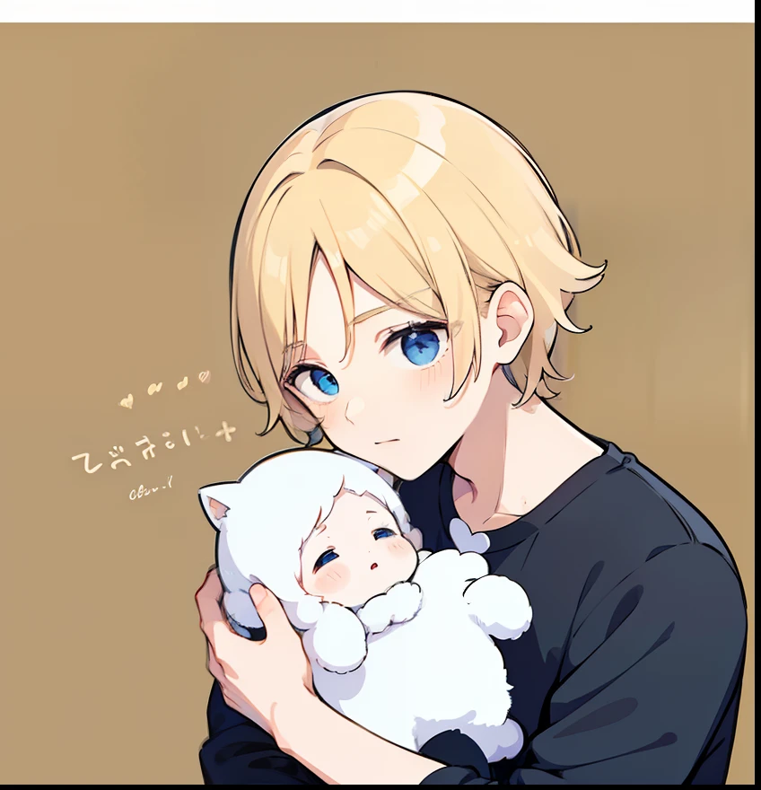 hiquality、superfine illustration,masutepiece,Animated,1boy,man,Man's,Guy,man,Man's,Short hair,Curly hair,Parted bangs,Blonde hair,Blue eyes,White skin,Handwriting style、Holding the baby