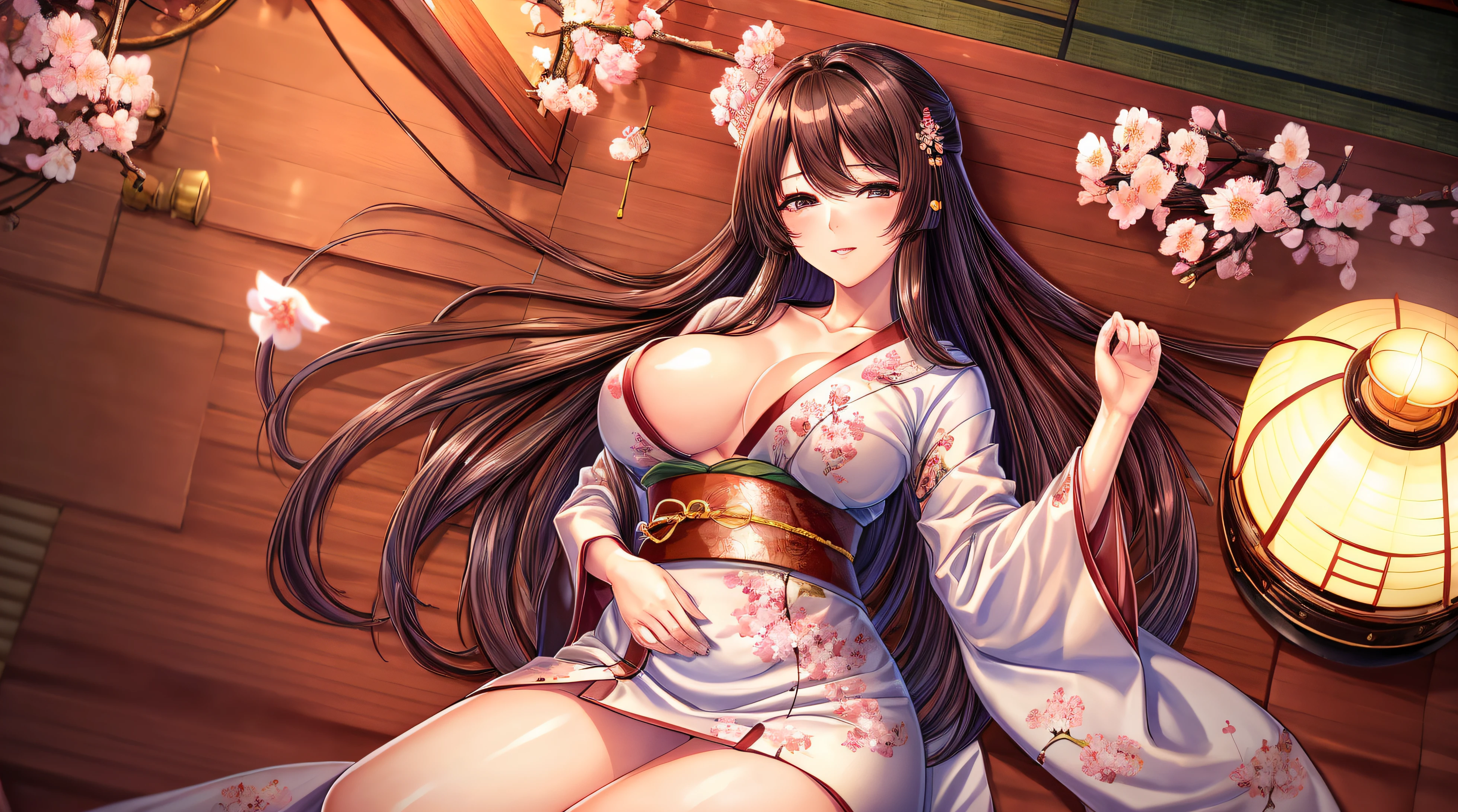 top-quality、​masterpiece、femele、are small、Mature、Beautie、hairstyle on(Brown hair、Medium long、Japanese hair)、body type(Perfect Style、Beautiful skins、Beautiful breasts)、garments(Kimono with cherry blossom pattern、Japanese dress)、The location(houseboat、Tatami mats、a room、traditional Japanese room)、Background with(Fireworks go off)、High quality、Delicate images、Detailed details、high-level image quality、hightquality、